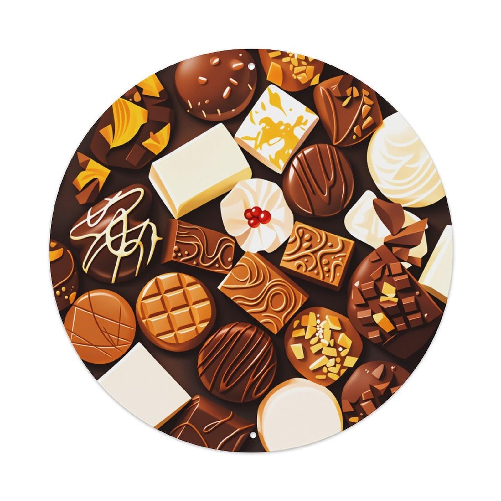 Chocolate Assorted Sweet Delights Pattern Round Tin Sign Vintage Style Metal Sign Home Bar Garden Wall Plaque Decor Metal Poster 8x8 Inch