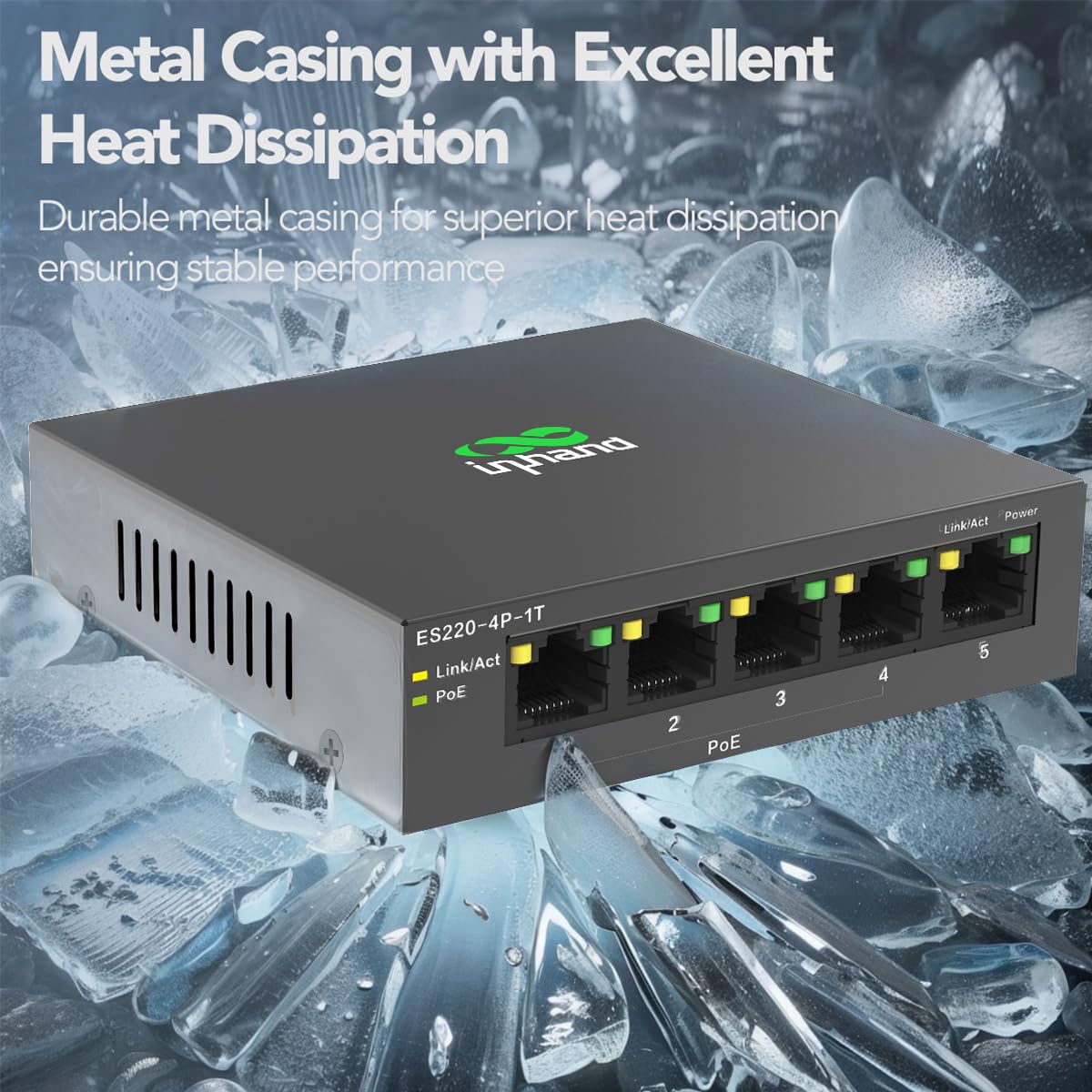 InHand Networks Switch PoE+ 5 Ports Gigabit (4X PoE+ @ 52W), Commutateur Ethernet Non Géré, Boîtier Métal, Fanless (Silencieux),VLAN Un Clic | Plug & Play pour Caméras IP, VoIP, TPE & Home Office