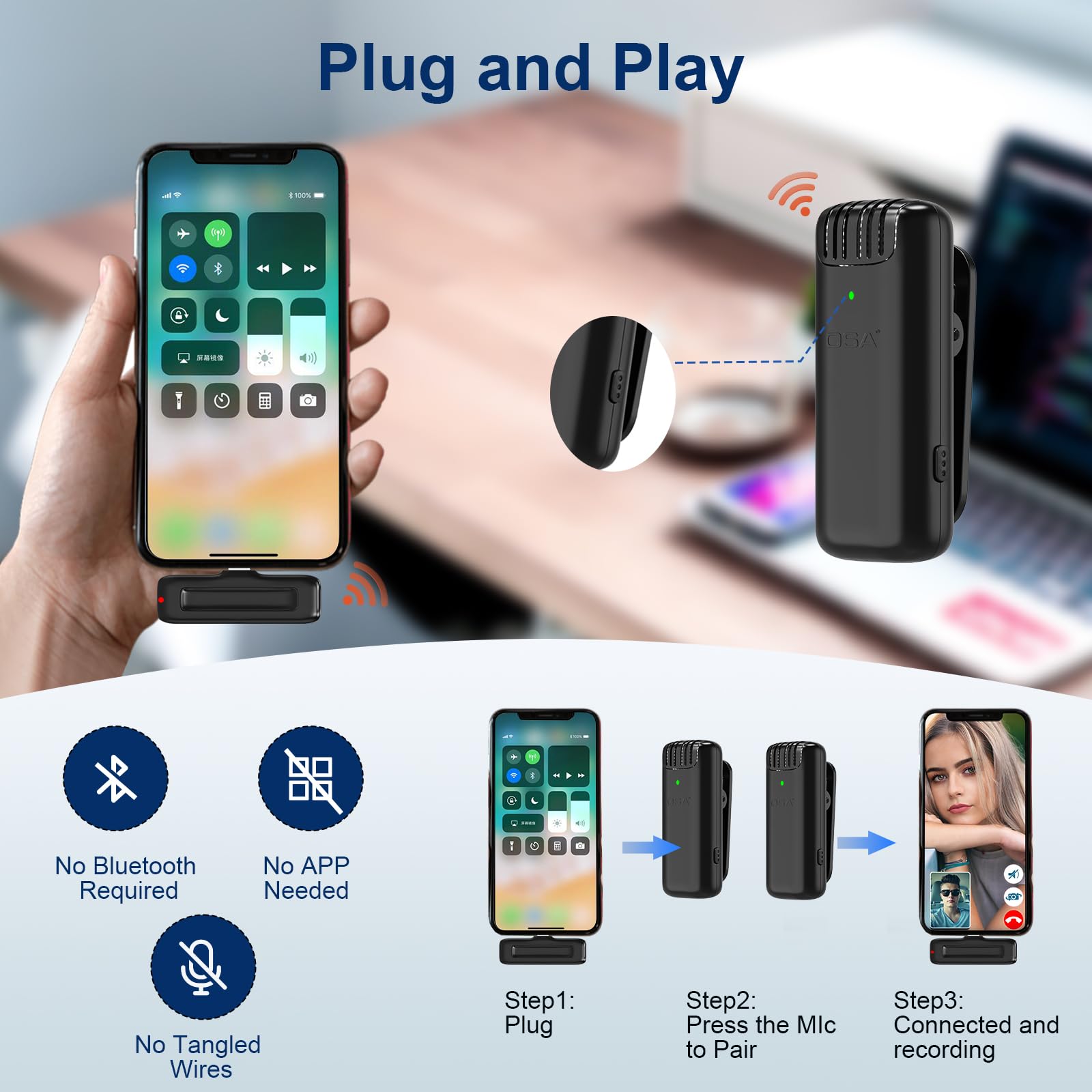 OSA Microfono wireless per telefoni Android con custodia di ricarica di 15 ore, microfono per registrazione video con livello di cancellazione del rumore regolabile, microfono lavalier wireless con
