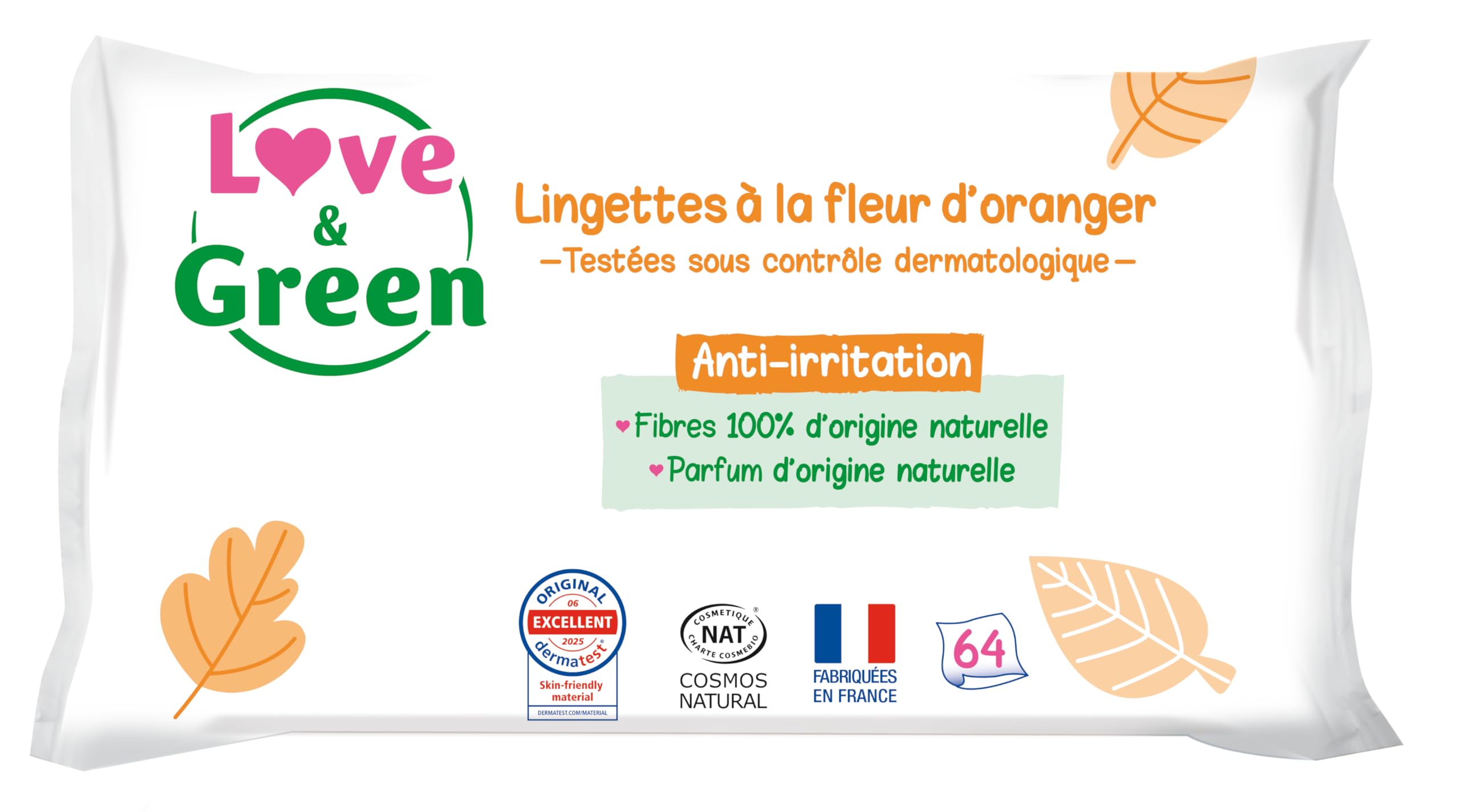 Love & Green Lingettes à la Fleur d'Oranger Saines et Ecologiques - Paquet de 64 Lingettes - Certifiée Cosmo Natural par ECOCERT et FSC - Emballage recyclable