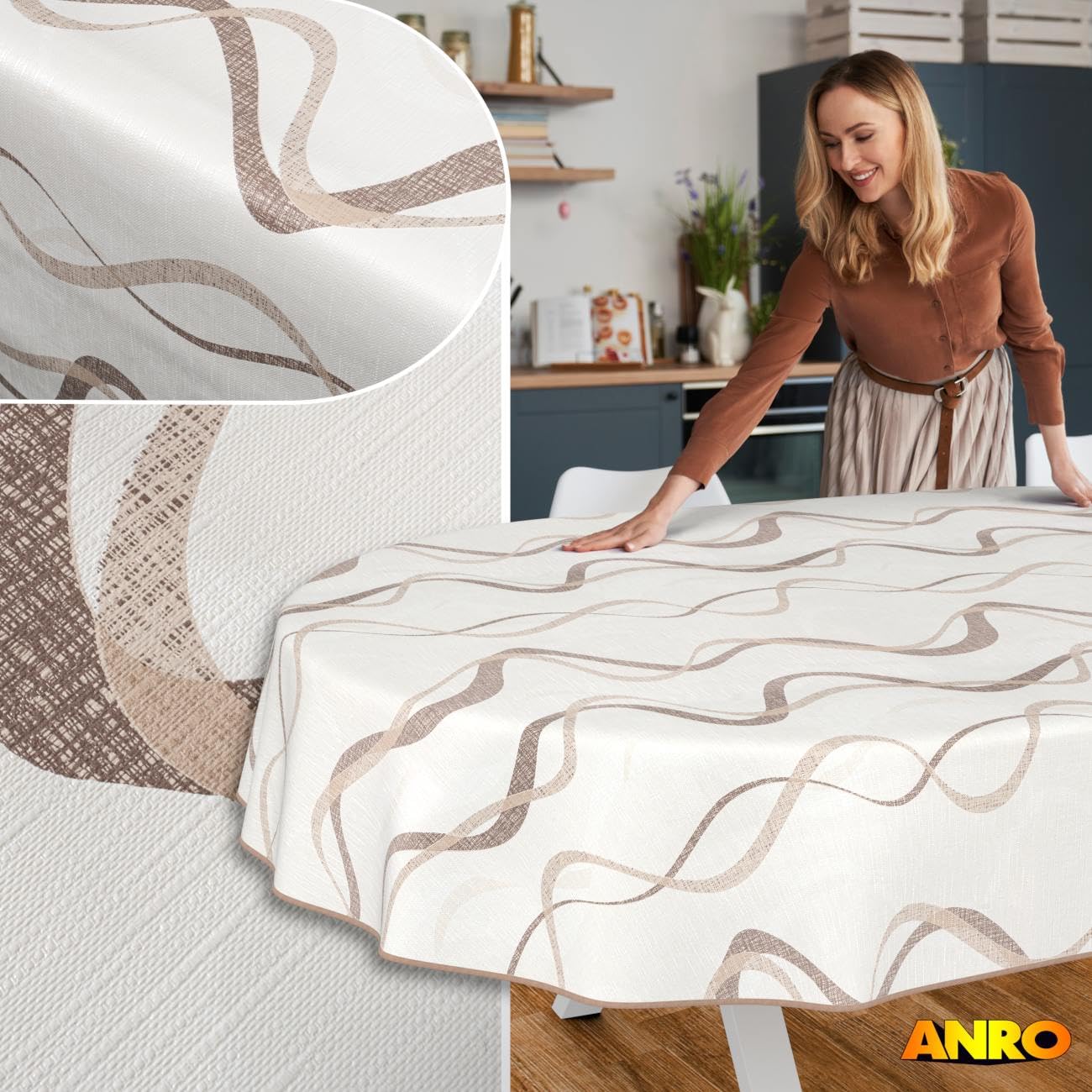 ANRO Nappe en toile cirée lavable, pour table de jardin, extérieur et intérieur, ovale, 200 x 140 cm, avec ourlet, vagues