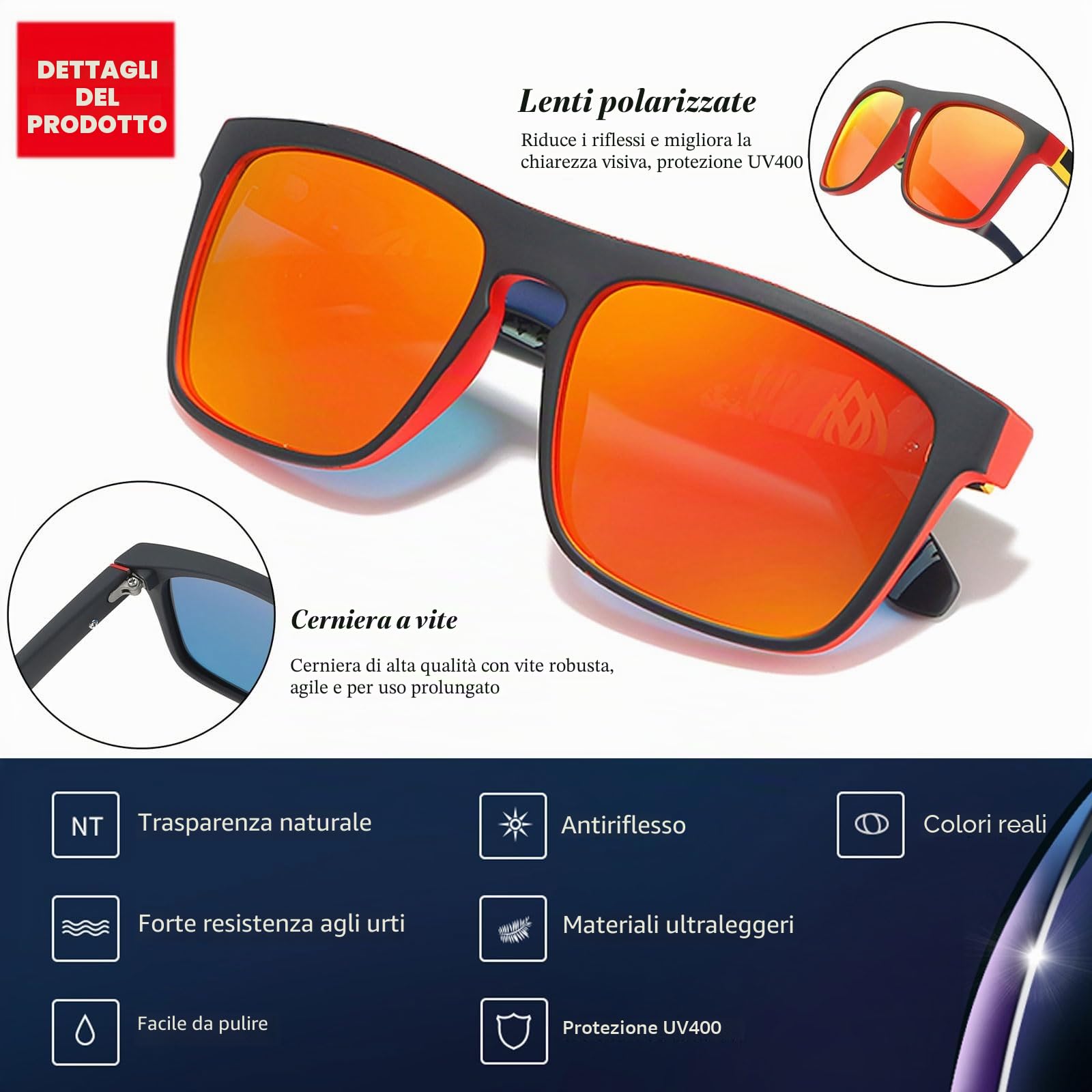LEDING&BEST Occhiali da Sole da Uomo Donna Polarizzati UV400 Pesca e Guida | Più colori,Leggero,montatura quadrata, lenti polarizzate TAC-HD,per sport,viaggi,golf,trekking,baseball,climb,beach,party