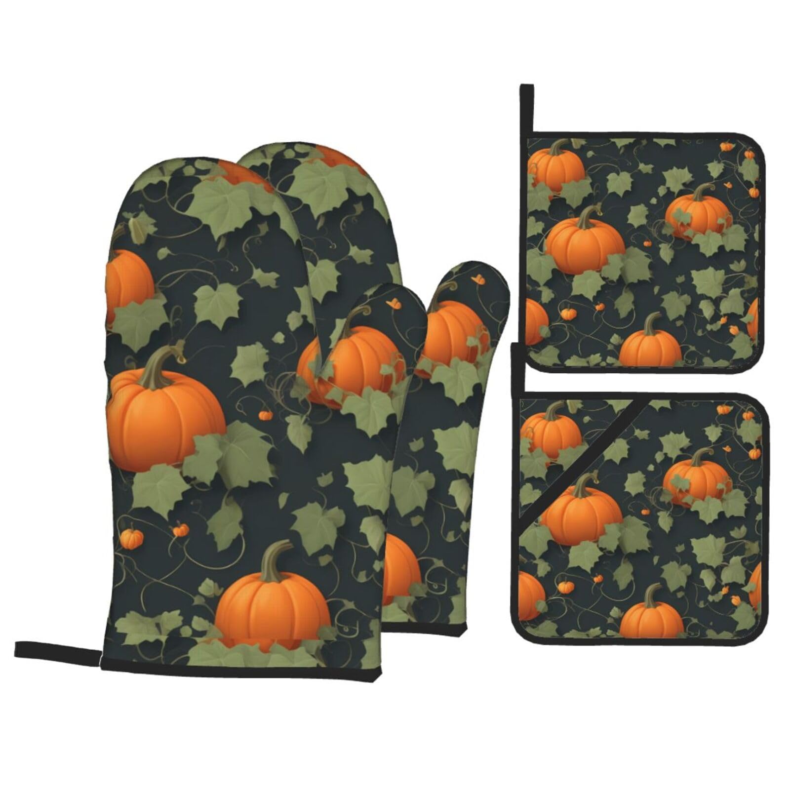 HJFCZH Twining Pumpkin Vines Picture Kitchen Baking Set of 4 Thick Insulated Oven Mitt & Pot Holders, Anti-Scalding for Microwave, Oven, Outdoor BBQ