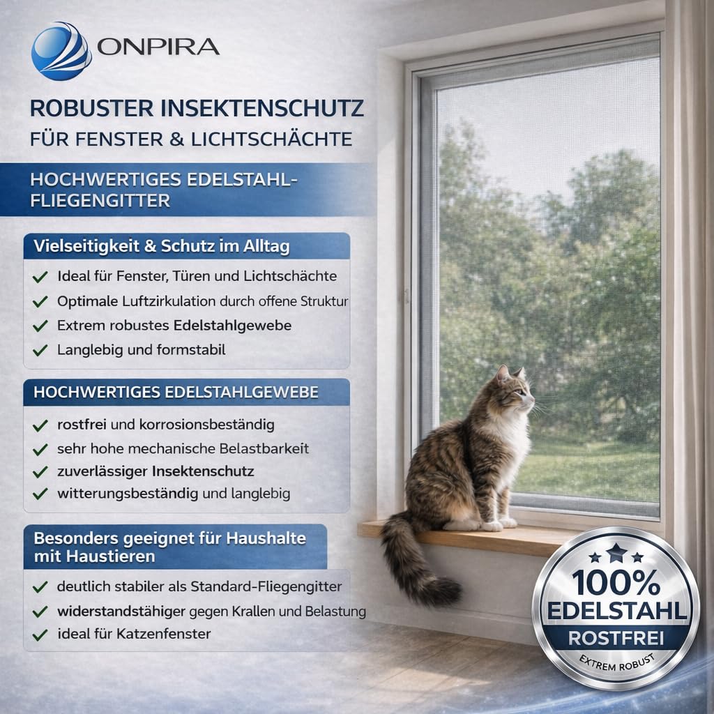 ONPIRA® Fliegennetz Meterware Edelstahl oder Aluminium Rostfrei & Katzensicher – Insektenschutz für Fenster & Türen in Silber oder Schwarz, Zuschneidbar & wetterfest (Edelstahl, 100cm x 2m)