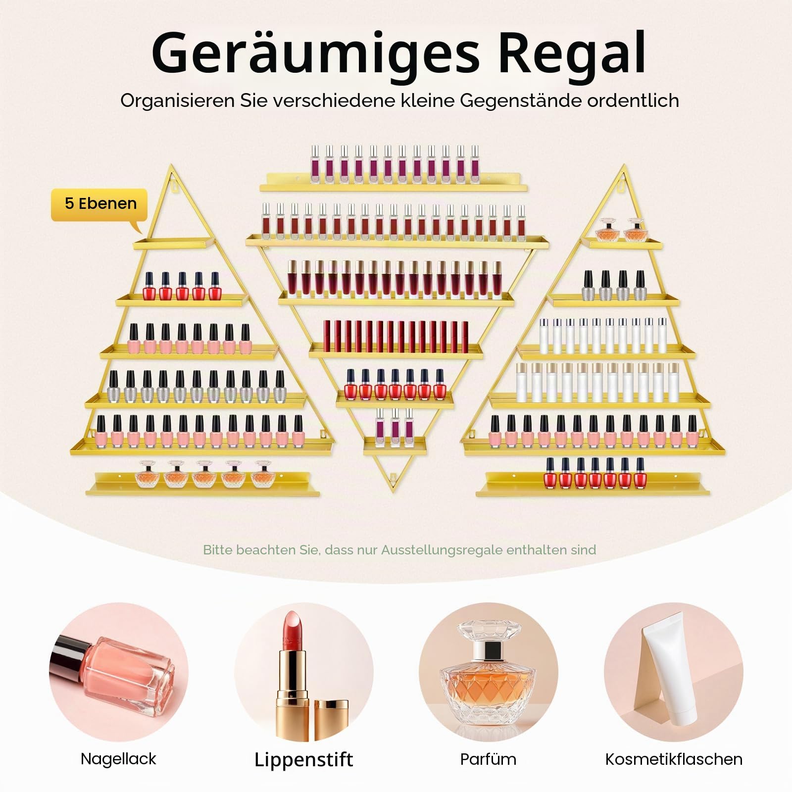 3 Sets Nagellack Regal Dreiecke Metall Nagellack Organizer Wandregal mit 5 Ebenen Nagellackregal Nagellack Aufbewahrung für Nagellack Parfüm Lipstick Ätherische Öle, Gold