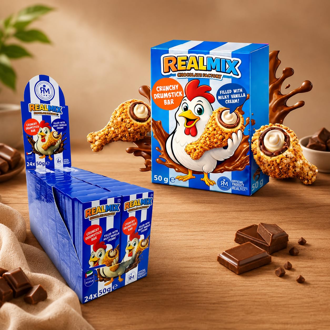 Snack Realmix Choco Drumstick con Cobertura de Cacao y Crema de Leche | Caja 24 Unidades x 50 g | Snack Dulce con Forma de Muslo de Pollo