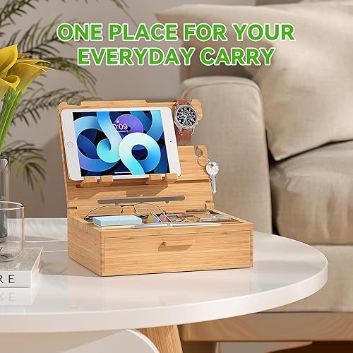 Miniatura 8 de Pezin & Hulin Organizador de mesita de noche de madera, regalo ideal para hombres, caja de estación de acoplamiento de teléfono de bambú de