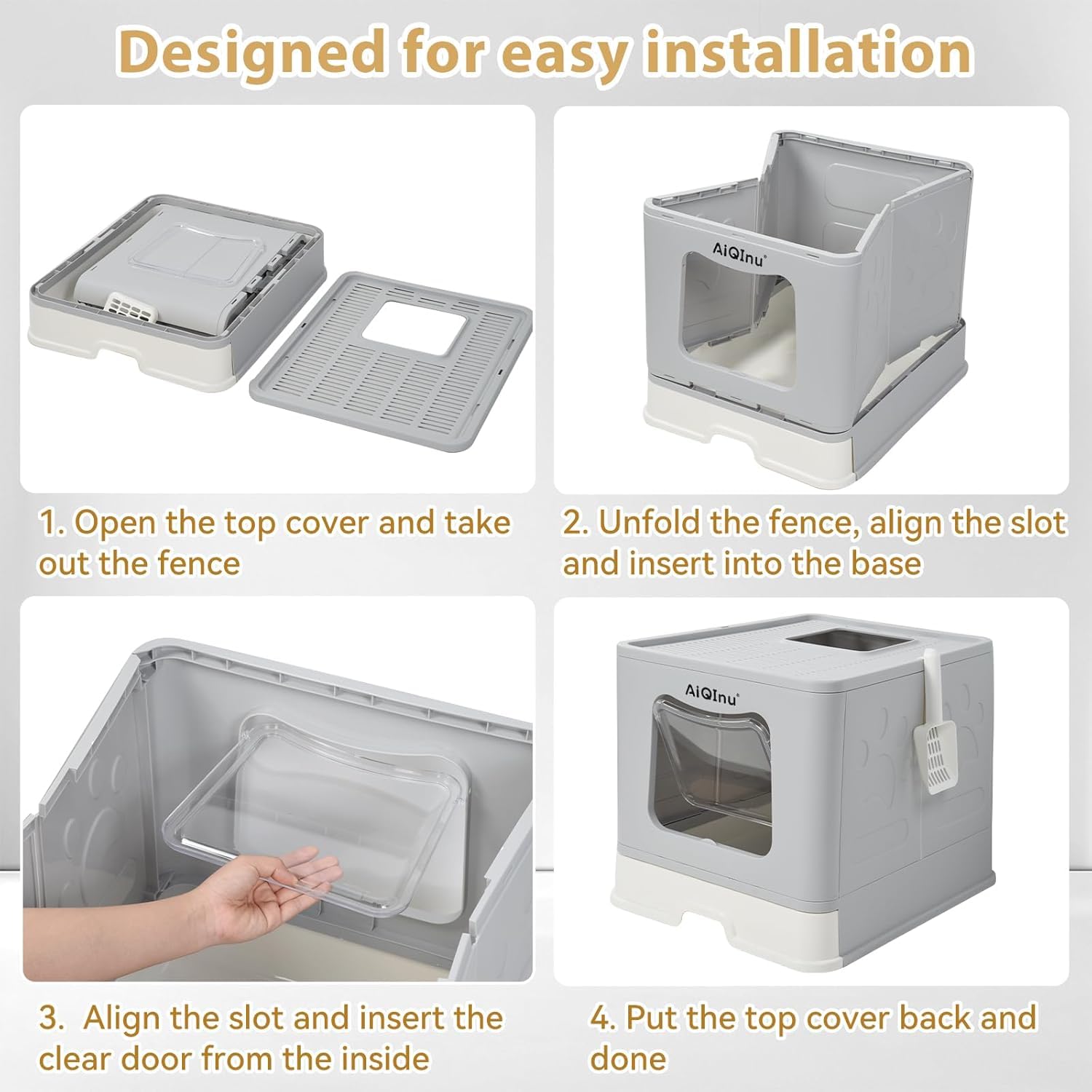 Cat Litter Box with Litter Mat and Scoop,80L X-Large Foldable Litter Box with Lid, Top Exit Front Entry Kitty Box, Odor Control, Easy to Clean (Gray) - image 7
