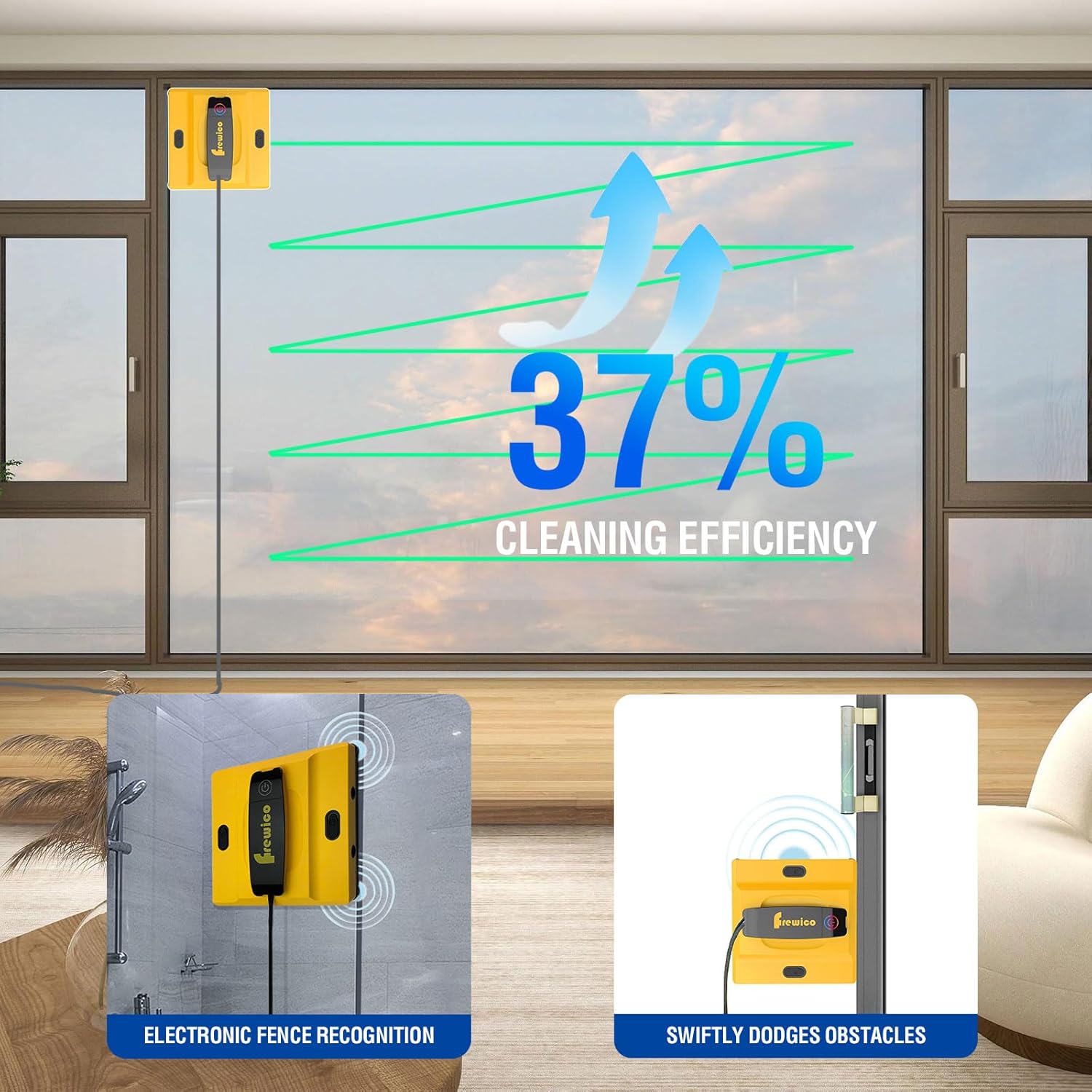 Frewico Window Cleaning Robot demonstrating 37% cleaning efficiency with AI path planning on a large window.