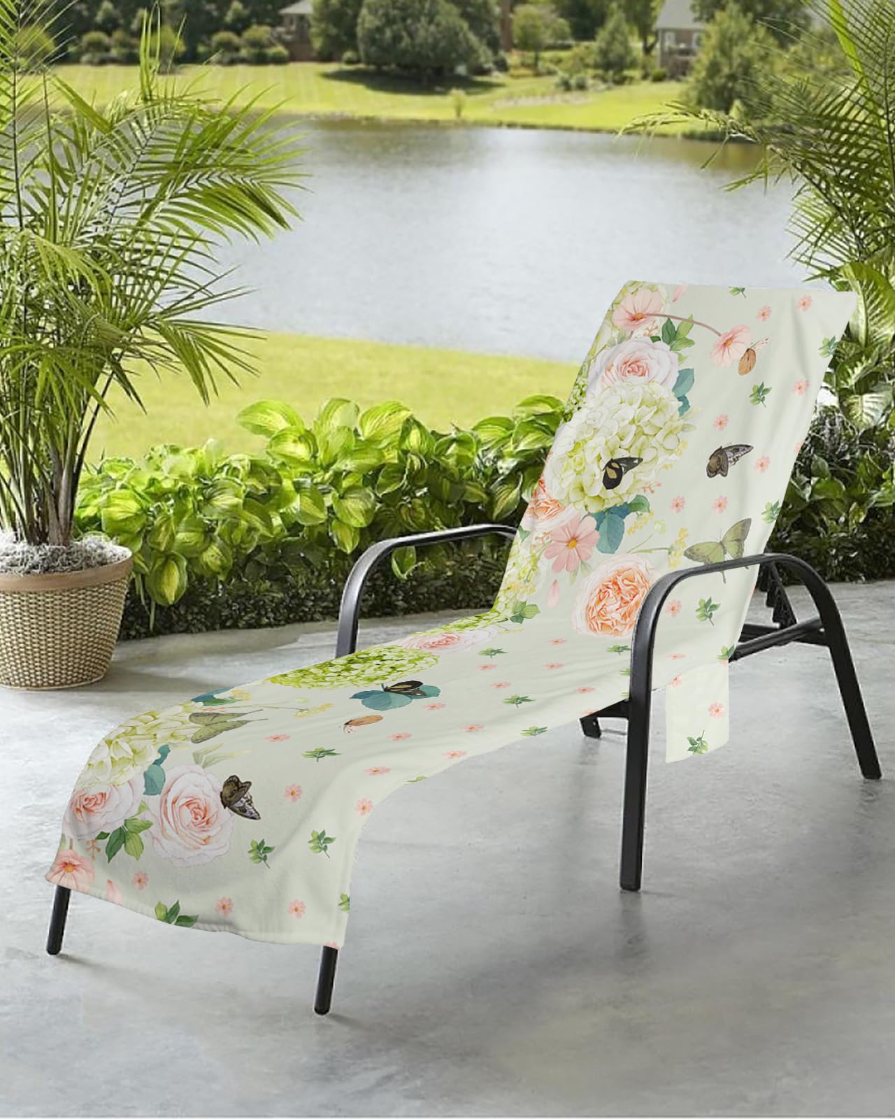 Beach Pool Patio Lounge Chaise Chair Cover Towel With Pockets, Butter-fly Leaves Absorbent & Quick Dry Microfiber Towel Cover Bag Summer Travel Accessories for Sunbathing Elegant Botanic Flower Leaves