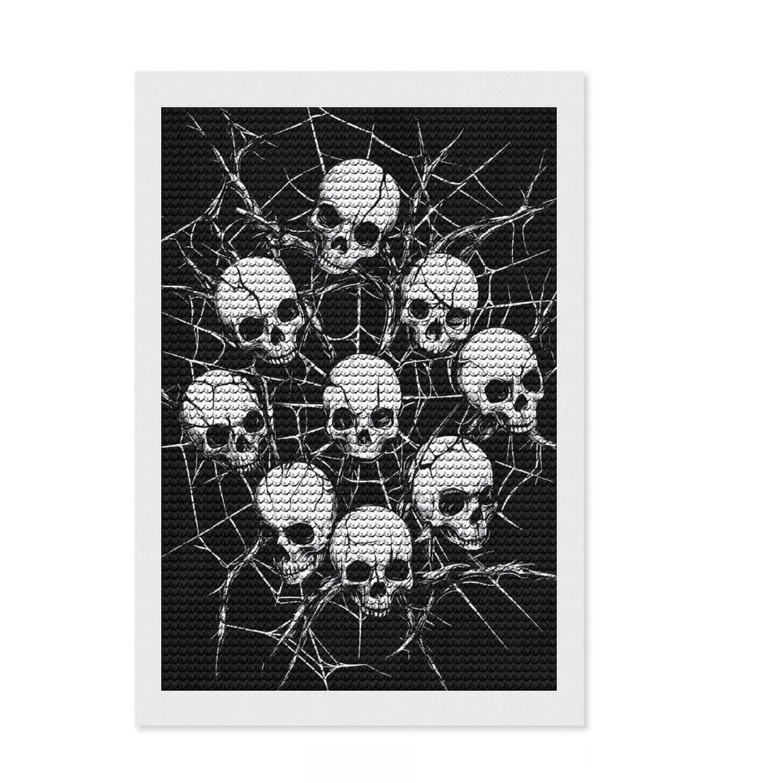 Junmoney Skulls in Spiderweb Diamond Art Canvas 8"x12", Mindful Craft Activity, Easy to Enjoy, Cosy Home Accent, Birthday Gift, Simple to Start