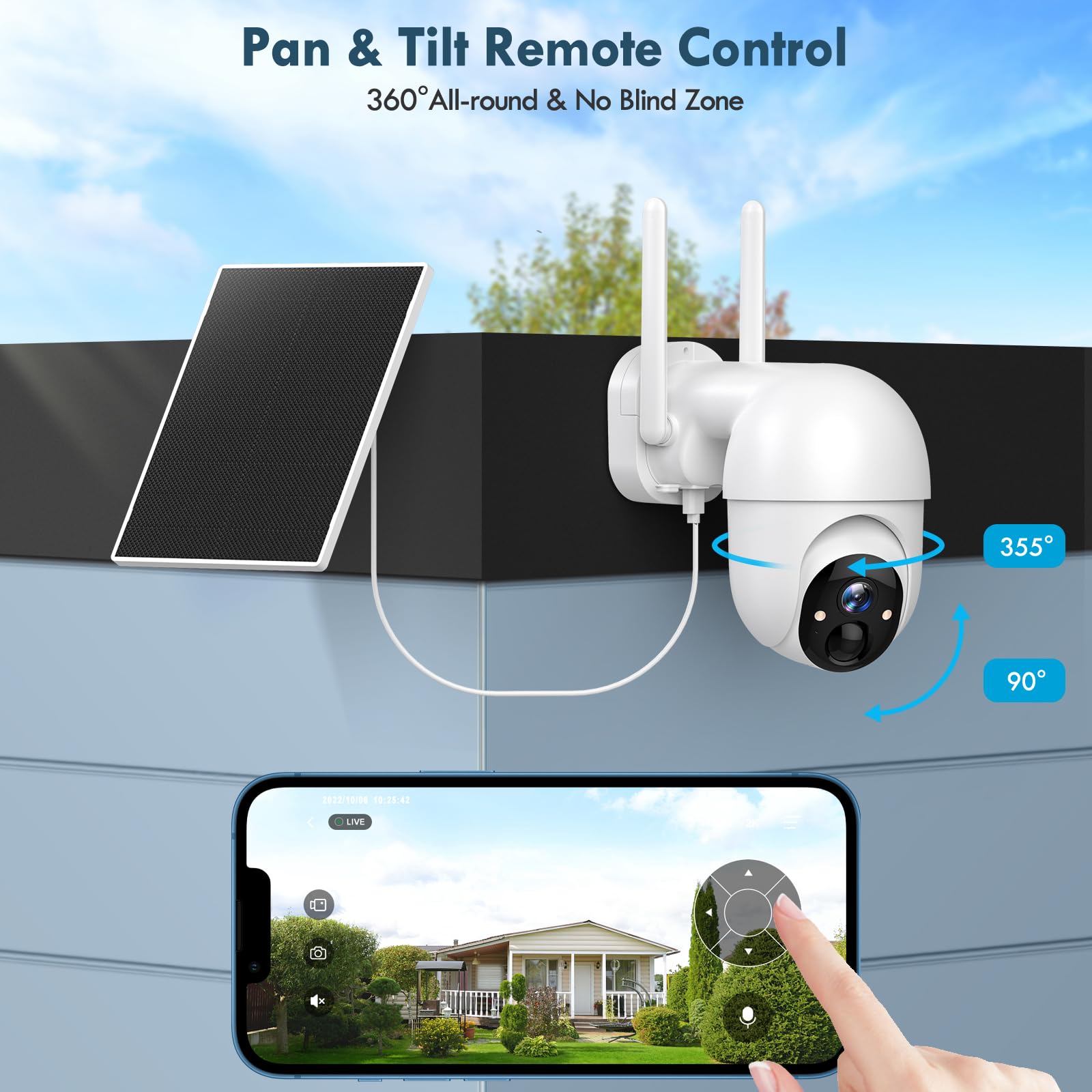 Caméras de sécurité sans fil pour la maison et l'extérieur, caméras de sécurité solaires sans fil PTZ 355°, caméra WiFi 3MP 2K FHD avec projecteur, détection de mouvement, sirène, vision nocturne