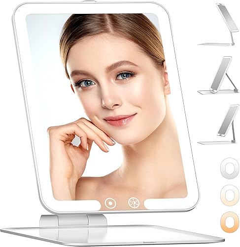 Espejo de maquillaje de viaje con luz, espejo de maquillaje portátil iluminado con 3 modos de luz de color, atenuación continua, espejo de tocador