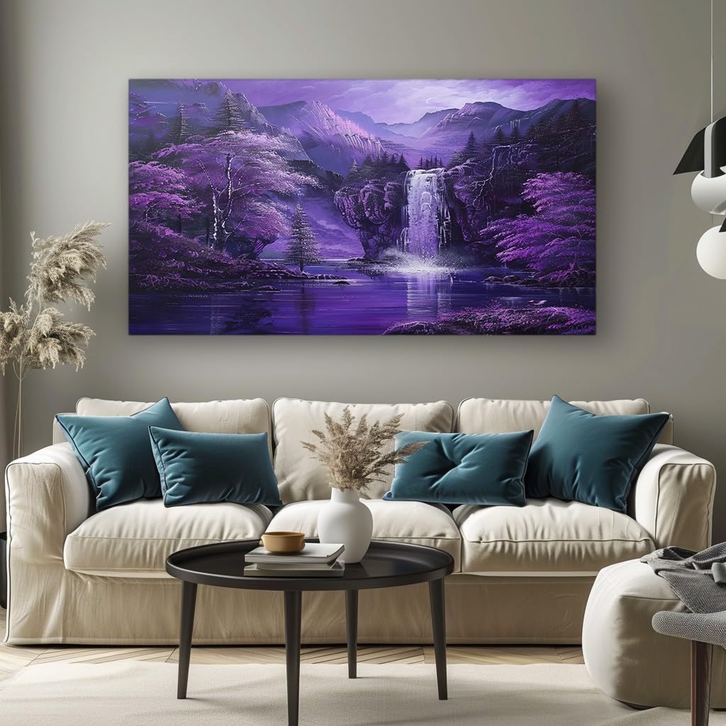 MKBKLI Abstract Canvas Wall Art for Living Room Purple Waterfall Lake Paintings for Bedroom, Office, Kitchen - Home Decor Pictures, 70x140cm
