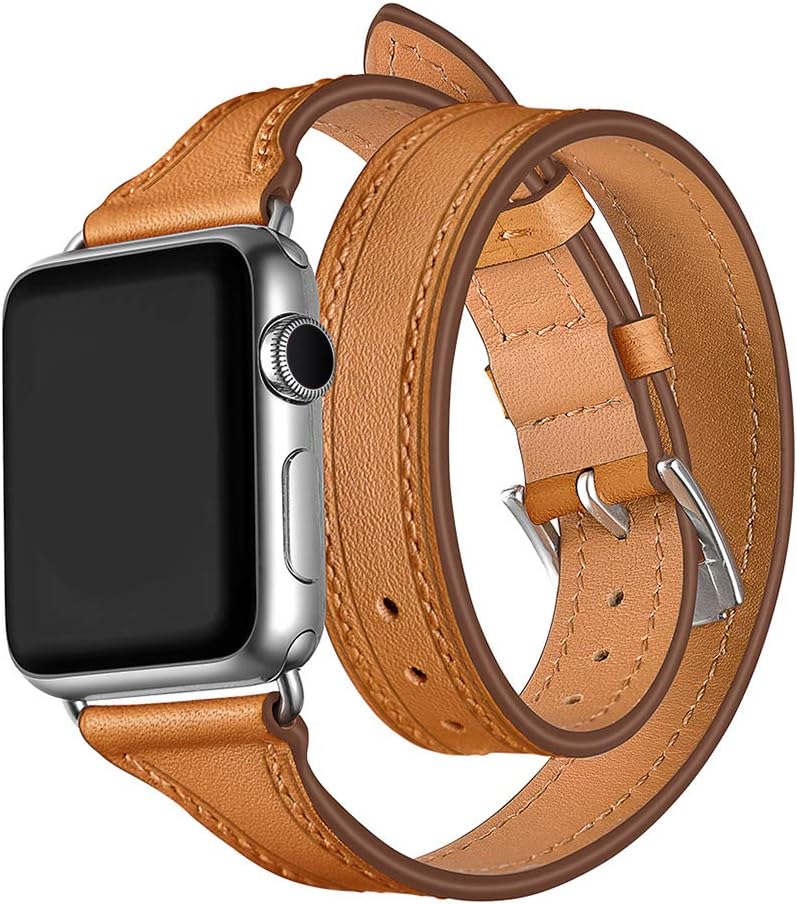 WAfeel Smart Watch Band Compatible for Watch Series 3/2/1 Genuine Leather iwatch Strap 38mm Double Tour T-Shape Designed Thread Slim with Metal Clasp Replacement Bracelet (Brown 38mm)