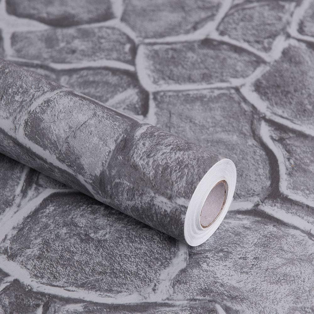 Okydoky Grey Stone Peel and Stick Wallpaper, 17.7" x 394", Removable Film Textured Wallpaper Self-Adhesive, Home Decor for Room Kitchen Wall Cabinet Vinyl Roll NO.101-1