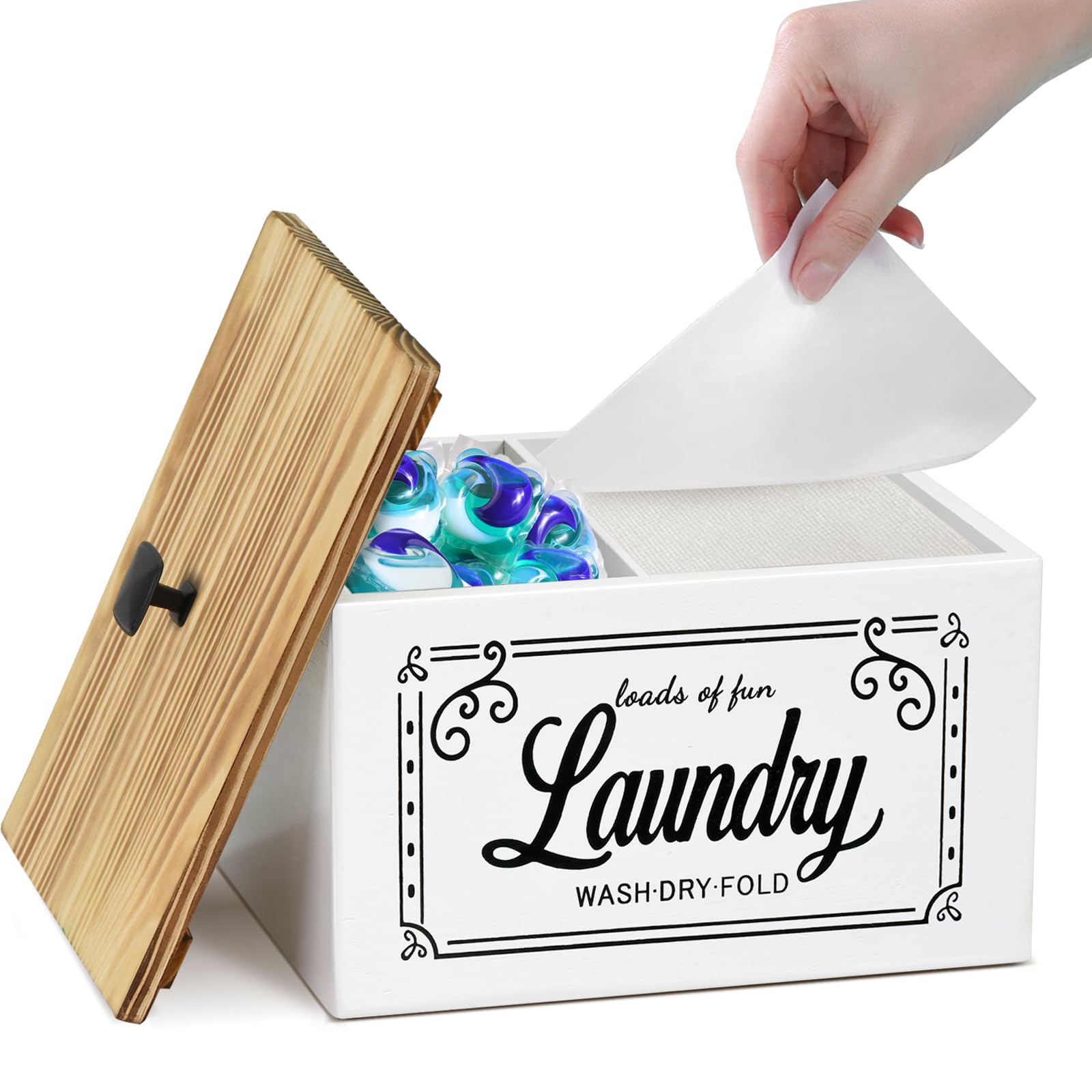 Eniffbaa Scatola per biancheria con coperchio, contenitore dispenser per asciugatrice, decorazione per lavanderia, scatola di legno per l'organizzazione della lavanderia, fogli per asciugatrice