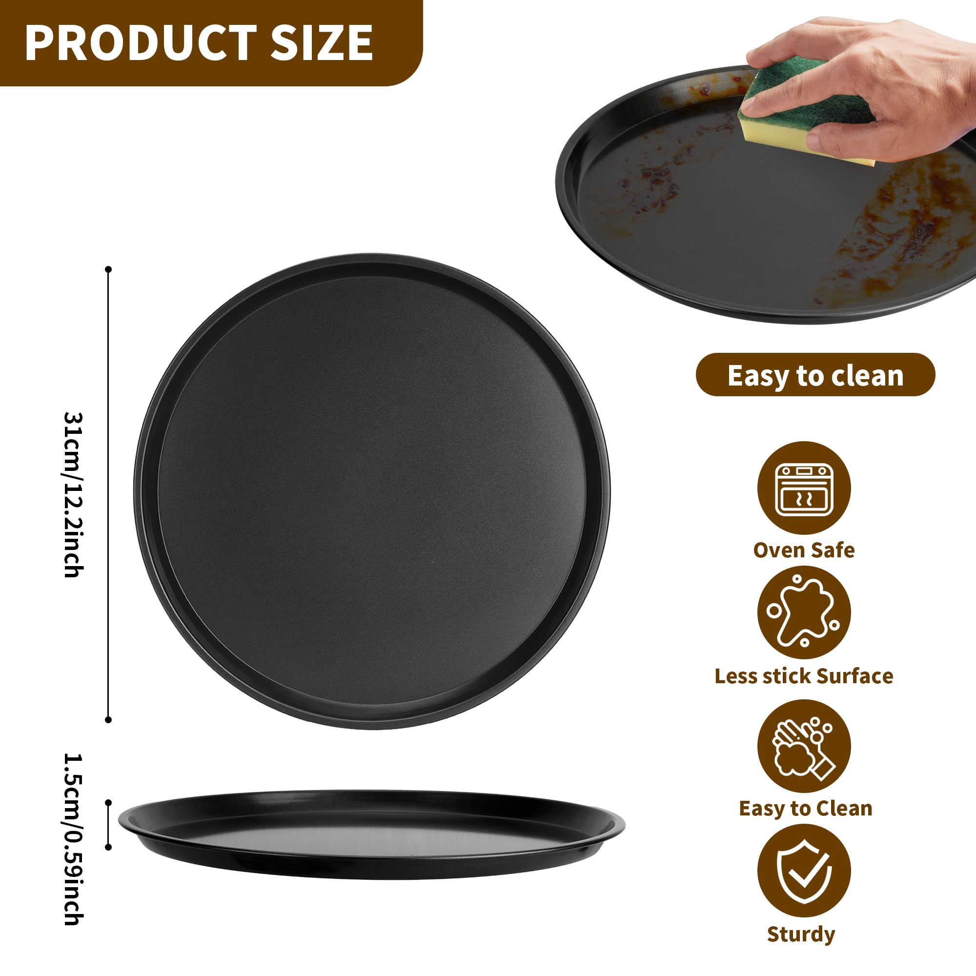 Paquete de 6 bandejas antiadherentes para pizza, bandeja redonda de horno de pizza de 12 pulgadas, bandeja de acero al carbono resistente para hornear pizza para hacer pizza (negro)