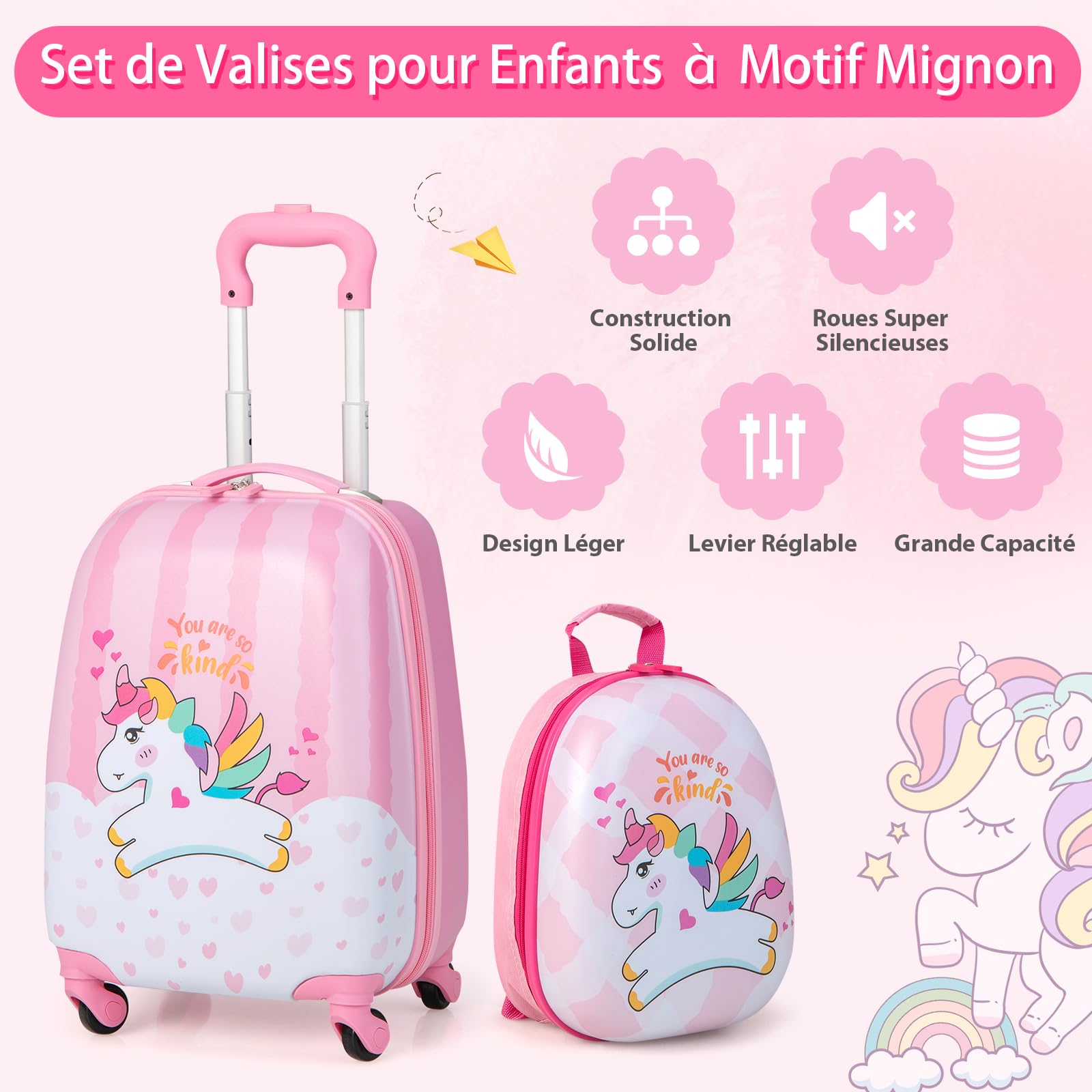 DREAMADE Valise Enfant 16" et Sac à Dos 12", Bagage à Main Rosé pour Enfants Filles, Cabine Enfant avec Motif Licorne, Valise Enfant Roulette avec 4 Roues Pivotante à 360°en Dessin(Licorne)