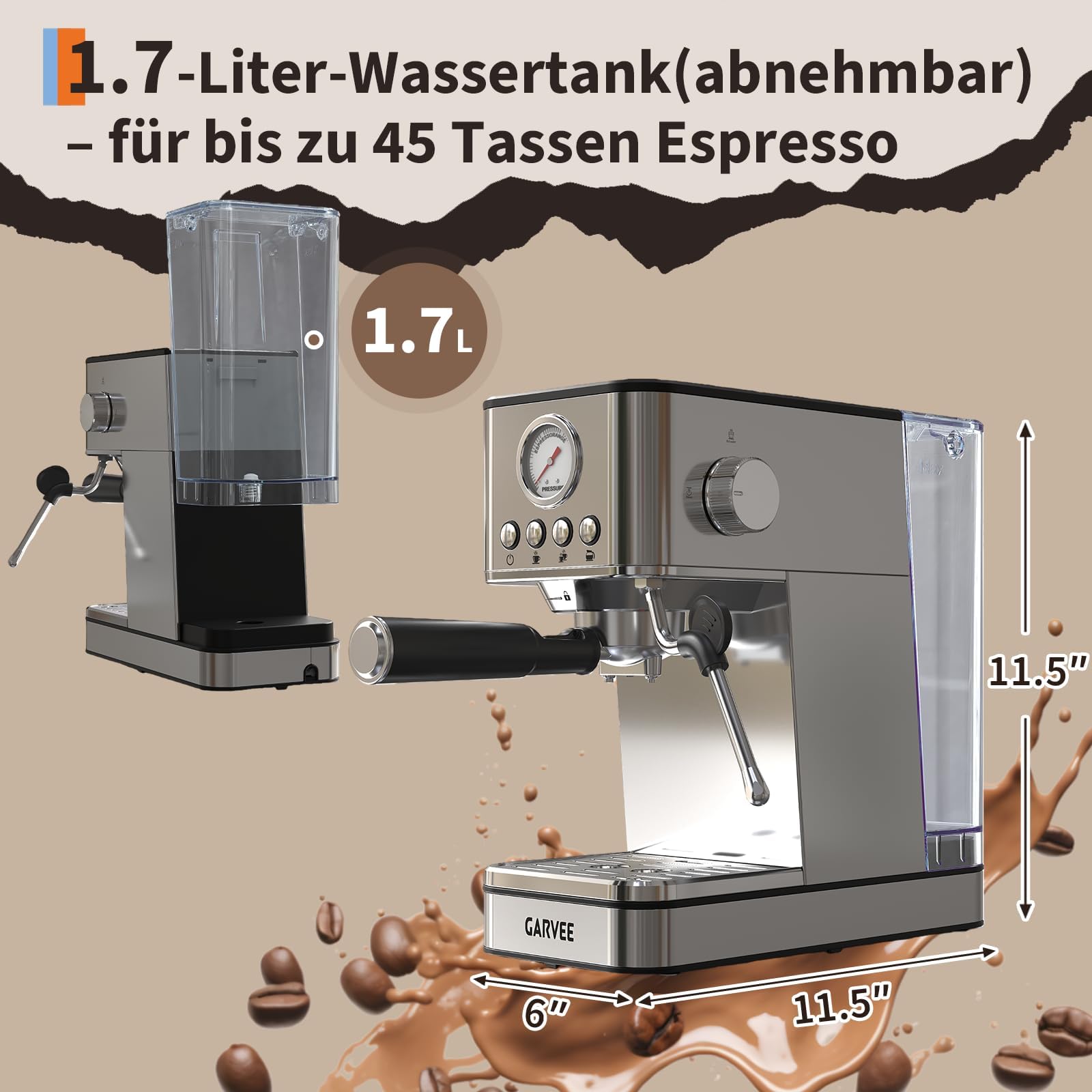 Acekool Cafetera cafetera italiana semiautomática 20 bares – Calentamiento rápido por termobloque – Depósito de agua 1,7L – Vaporizador de leche 360° – Acero inoxidable – Diseño compacto europeo –