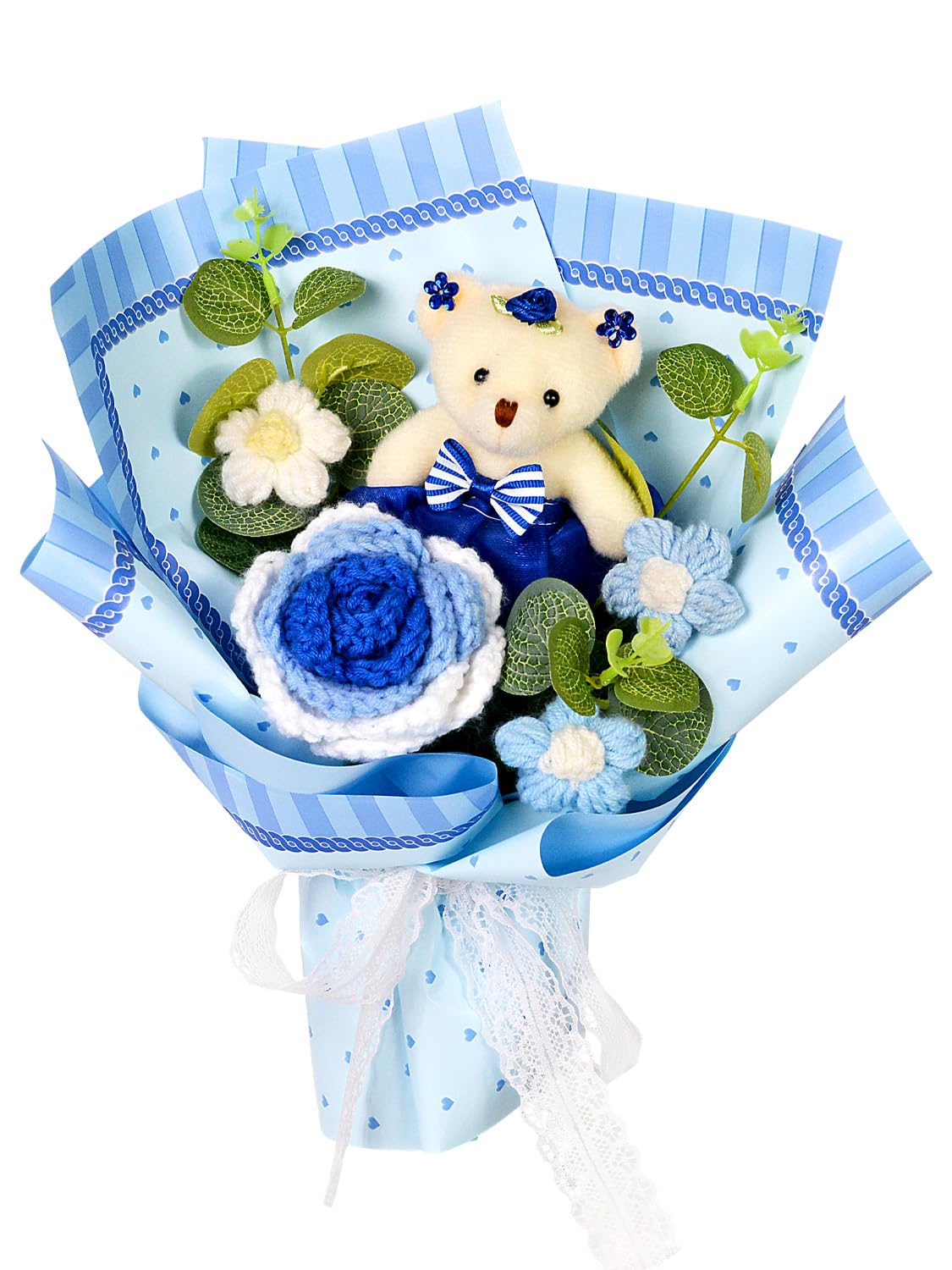 Wishwell Pop Crochet Flower Bouquet - Crochet Rose Daisies Knitted Flowers Bouquet with Bear for Mother's Day Father's Day Graduation Birthday Gifts Home Décor Blue