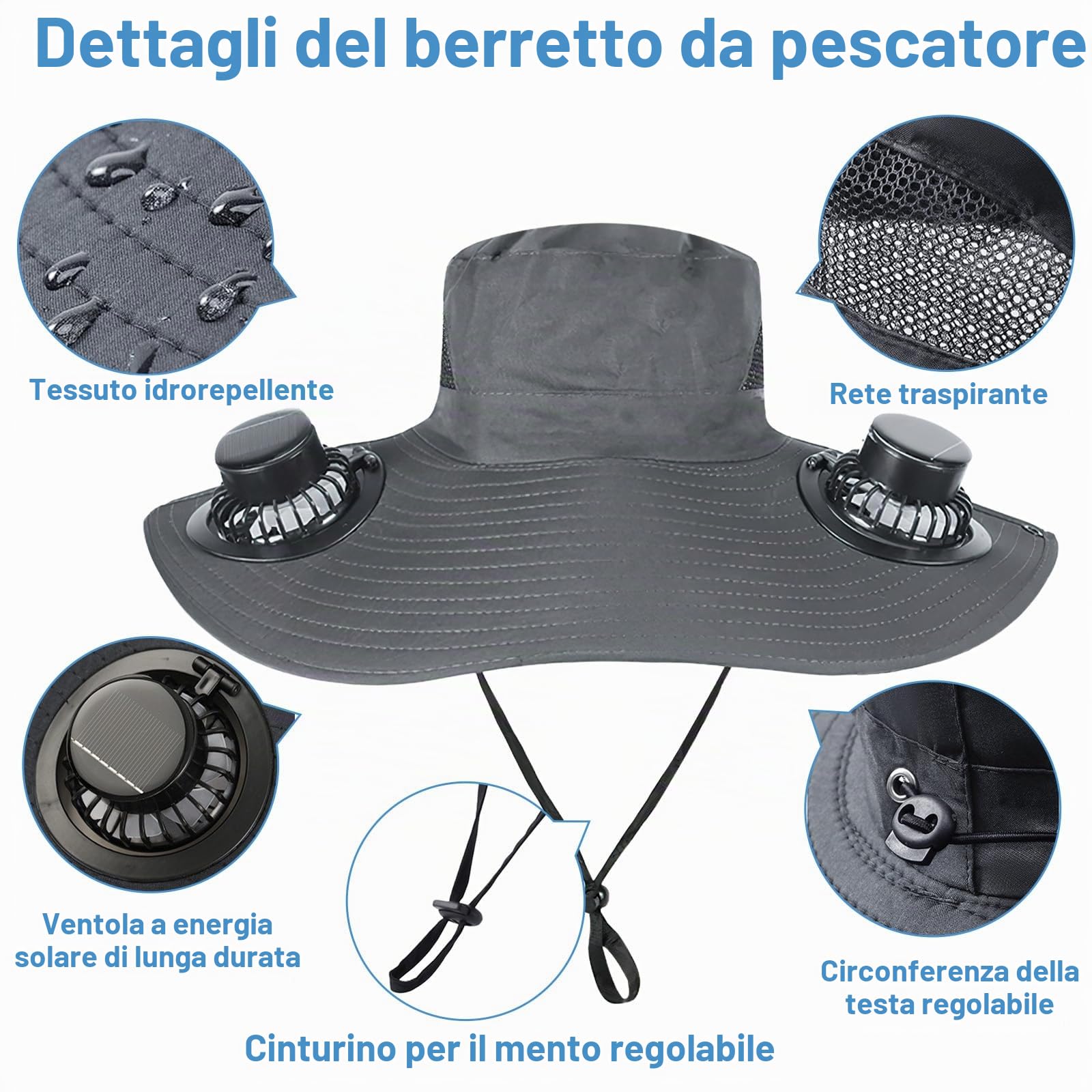 Cappello Ventilatore, Cappello con Ventilatore Solare,Dotato di 2 Ventole a Energia Solare e 3 velocità, è Adatto per La Pesca, Le Escursioni e i Lavori All'Aperto