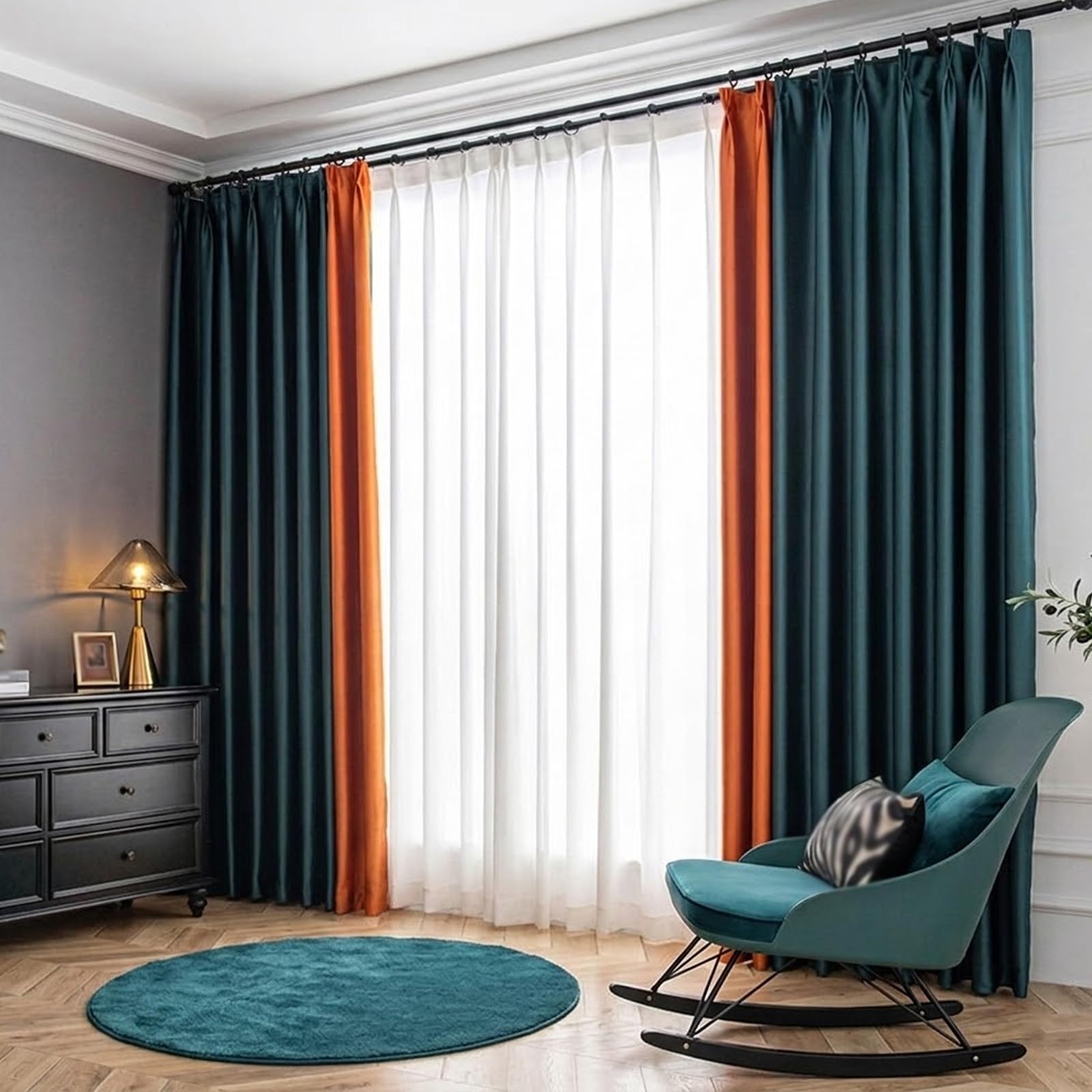 Rideau Occultant,Largeur 240 x Hauteur 260 cm (2 Pièces),Dark-Teal Orange, Blackout Curtains Rideaux et Draperies Thermiques pour Separation de Piece Salon Chambre Decoration