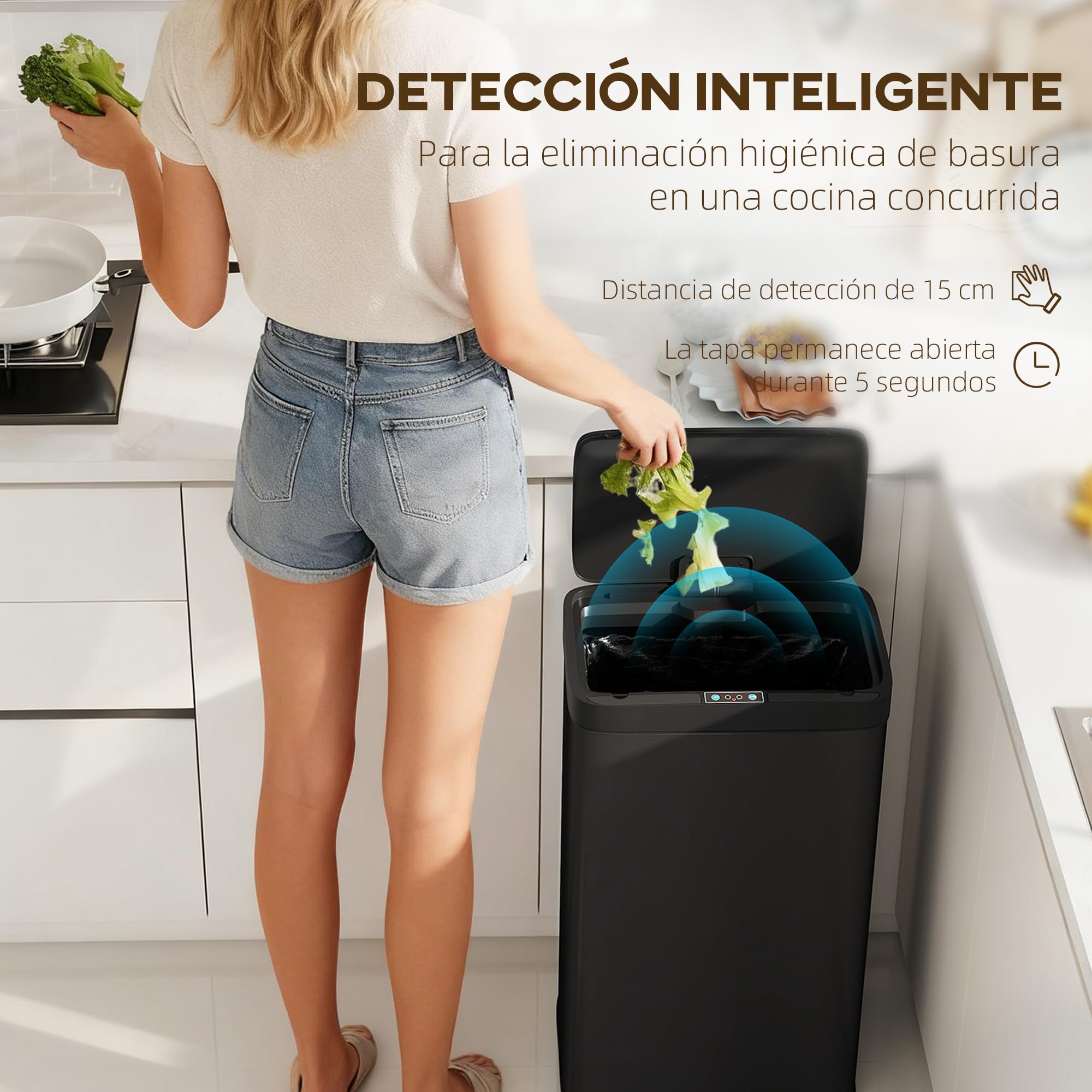 HOMCOM Cubo de Basura Cocina Automático 45 L, Papelera de Cocina de Metal con Sensor Infrarrojo, Cierre Suave, Cubo Interior Extraíble, Antihuellas, para Oficina, Hogar, Negro