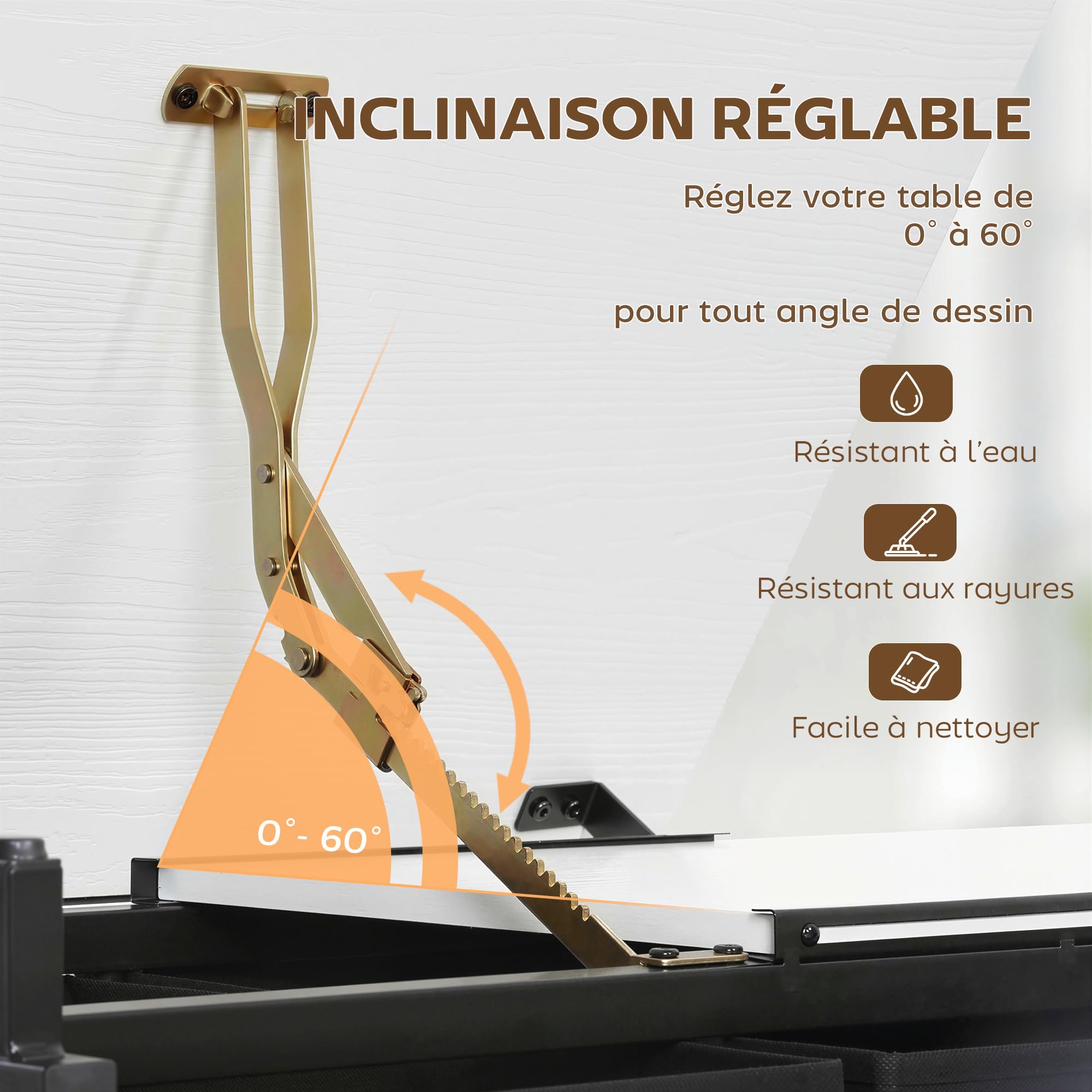 HOMCOM Table à Dessin avec Tabouret, 2 Tiroirs, Hauteur Réglable, Blanc