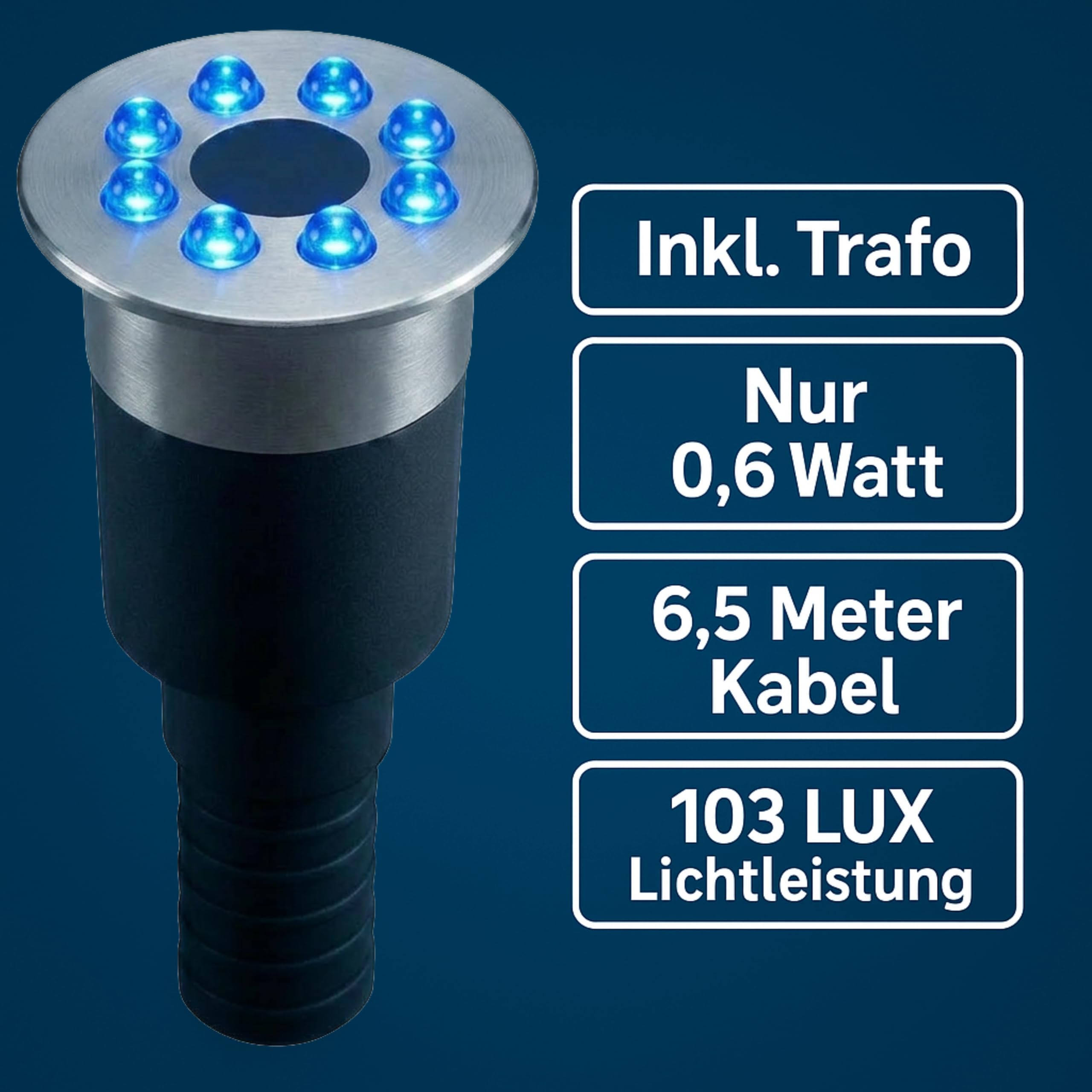 Kerry Electronics Wasserspielleuchte blau, inkl. Trafo, 0,6 Watt, IP68, 12V, 103 LUX, 650 cm Kabel, 8 LED, LED Ring Brunnen, Wasserspielbeleuchtung | Unterwasserlicht | Unterwasserstrahler