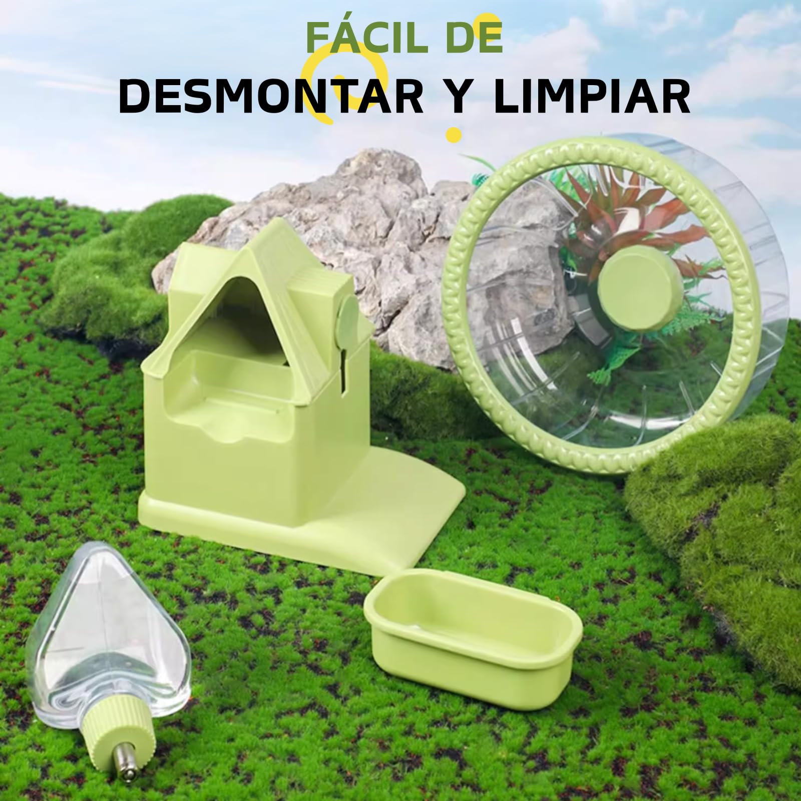 Rueda 4 en 1 para Hámster, Casa de Hámster con Rueda de Carreras, Cuenco de Comida, Botella de Agua y Escondite, Juguetes de Carreras y Ejercicio para Pequeños Animales (Verde, 16cm)