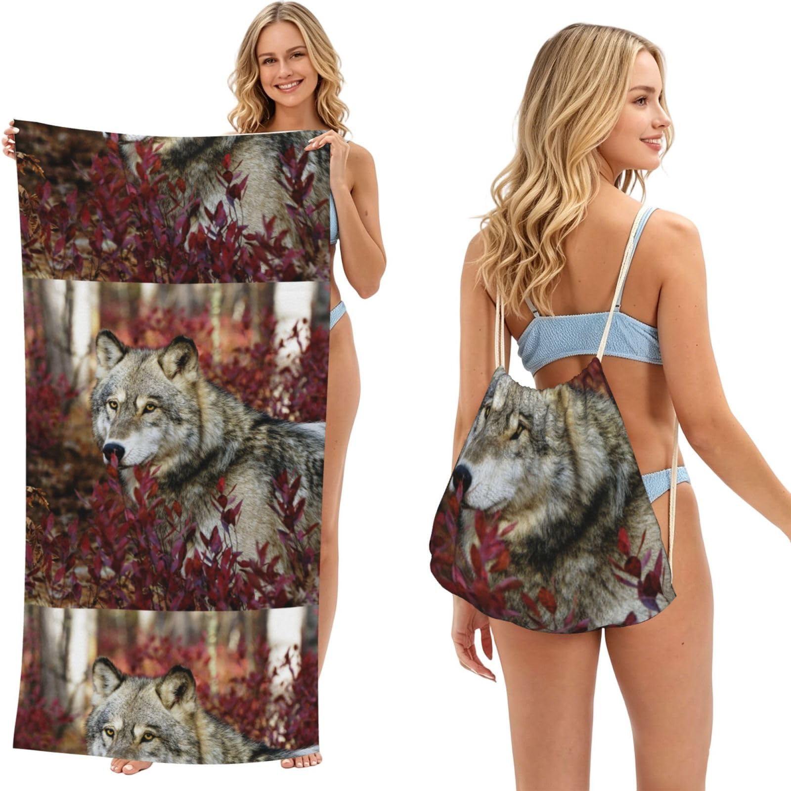 Poadnly As Picture Wolf, 2 In 1 Packable Towel Bag, Beach Towels With Drawstring Backpack For Travel Holiday Camping