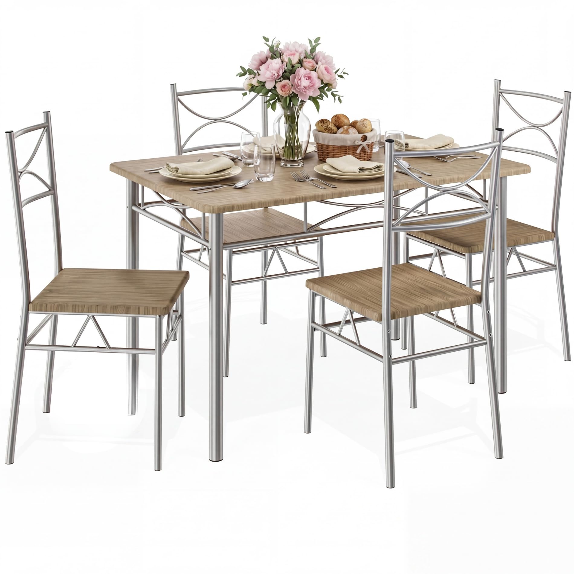 CASARIA® 5 Piece Dining Table and Chairs Set 4 | Dining Table & Dining Chairs Set of 4 | Home and Kitchen | Modern Table and Chairs | Dining Chairs Dining Table Dining Kitchen Set | Oak & Silver — image 1