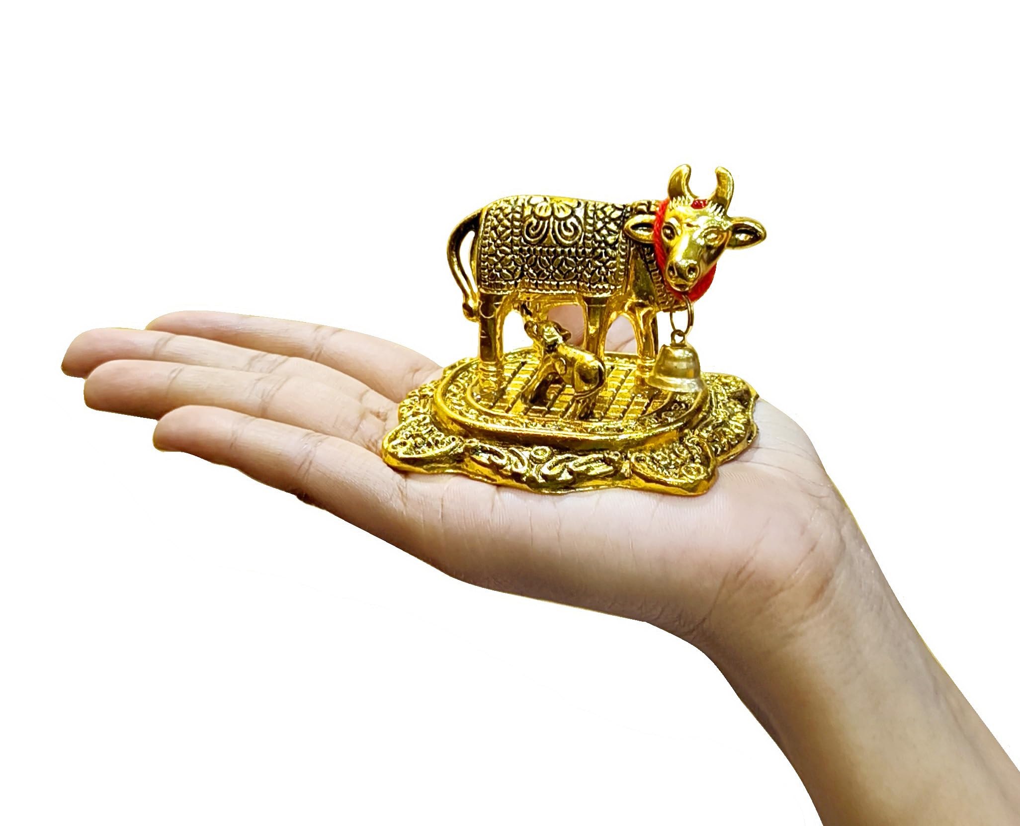 NOBILITY Estatua de metal dorada pequeña de vaca Kamdhenu con becerro con caja de regalo azul, artículo decorativo para el hogar, oficina, artículos de decoración Diwali, regalos de boda, paquete de 6