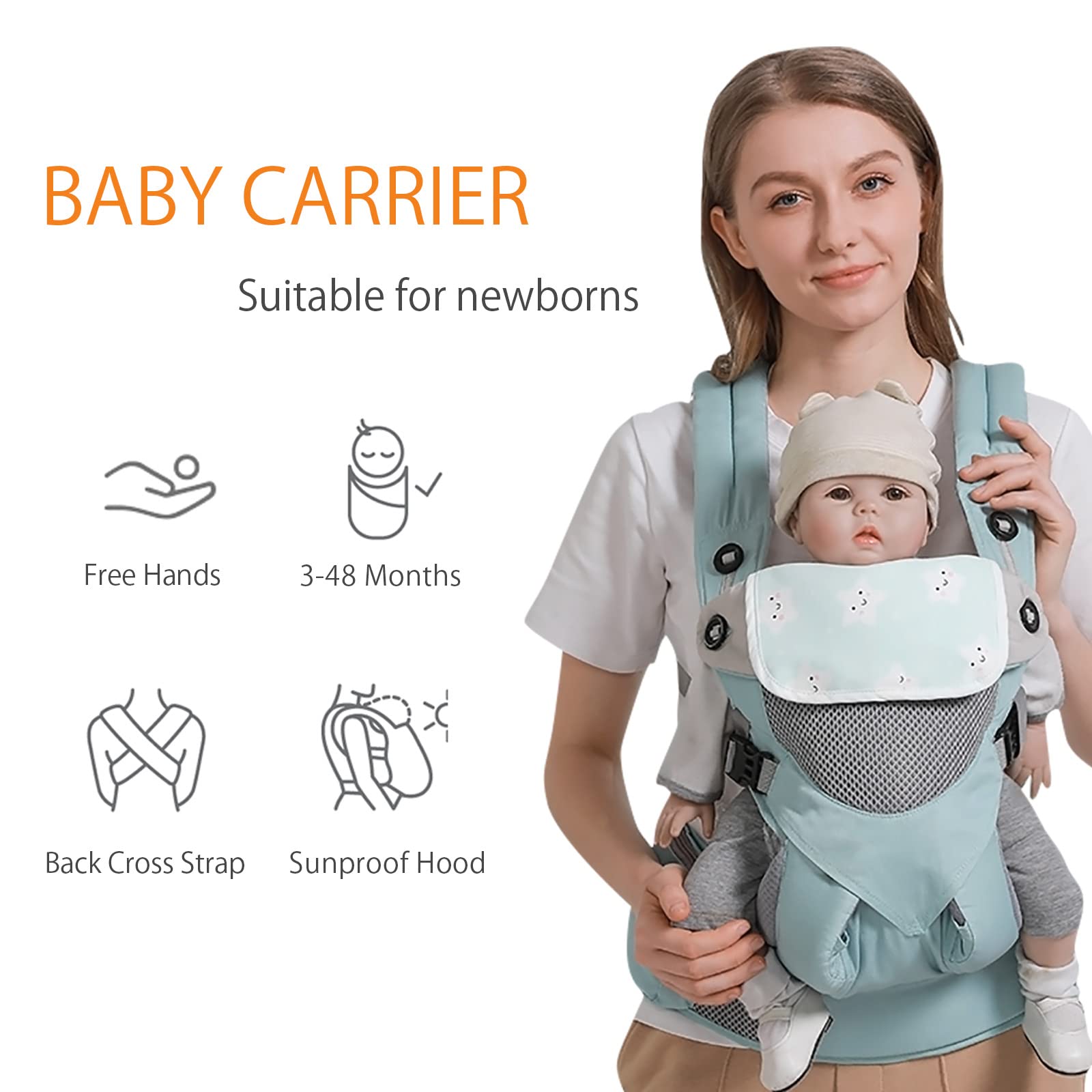 SONARIN 3-in-1 Breathable Baby Carrier,Multi-Function Lightweight Baby Wrap Carrier Ergonomic Child Carrier Backpack,Front and Back Carry for Newborn and Toddler 3-48 Months(Blue) - Image 2