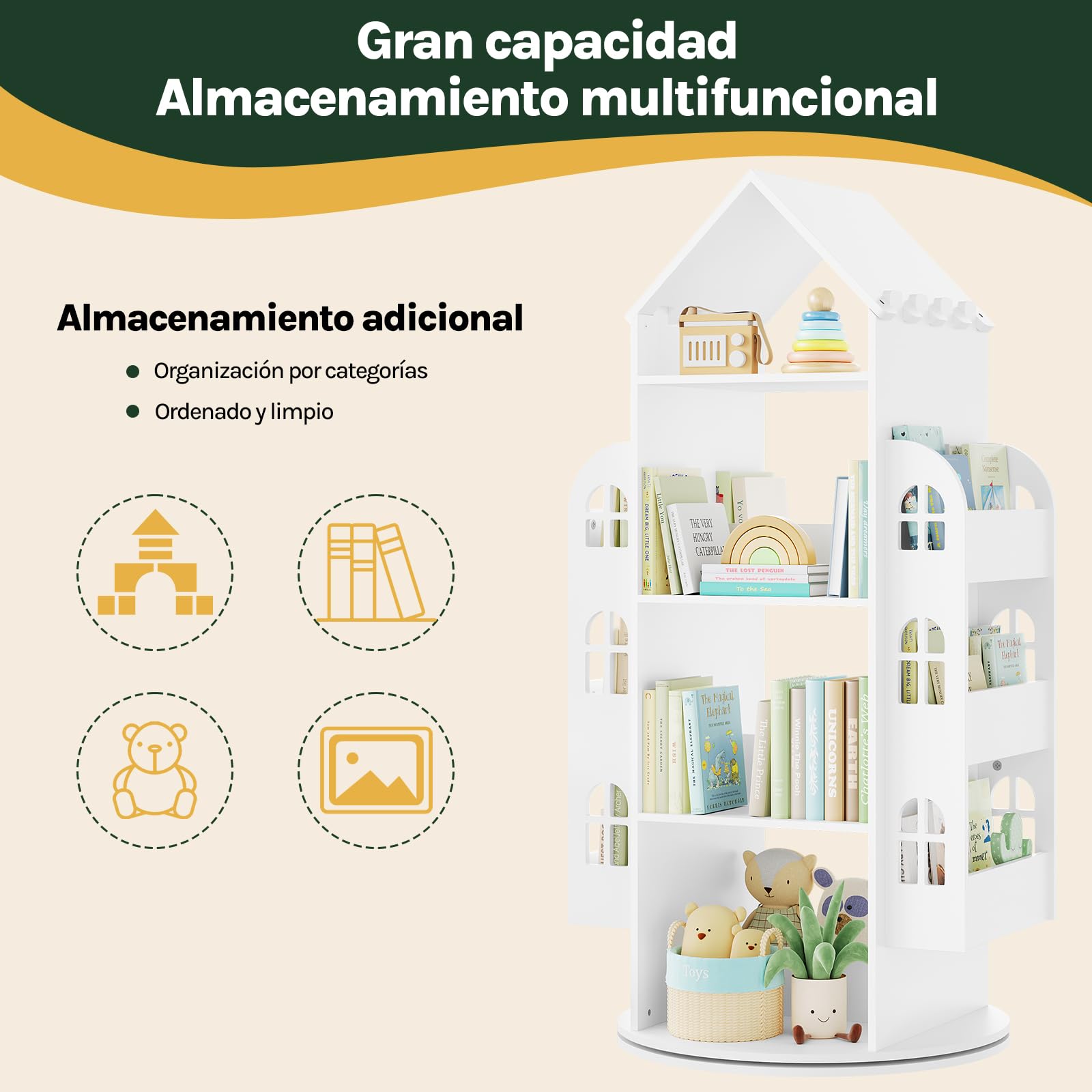 WOLTU Libreria Infantil Giratoria de 4 Niveles, Estanteria Infantil para Libros y Juguetes, Estantería Giratoria en Forma de Casita, 63x59x125 cm, Blanco