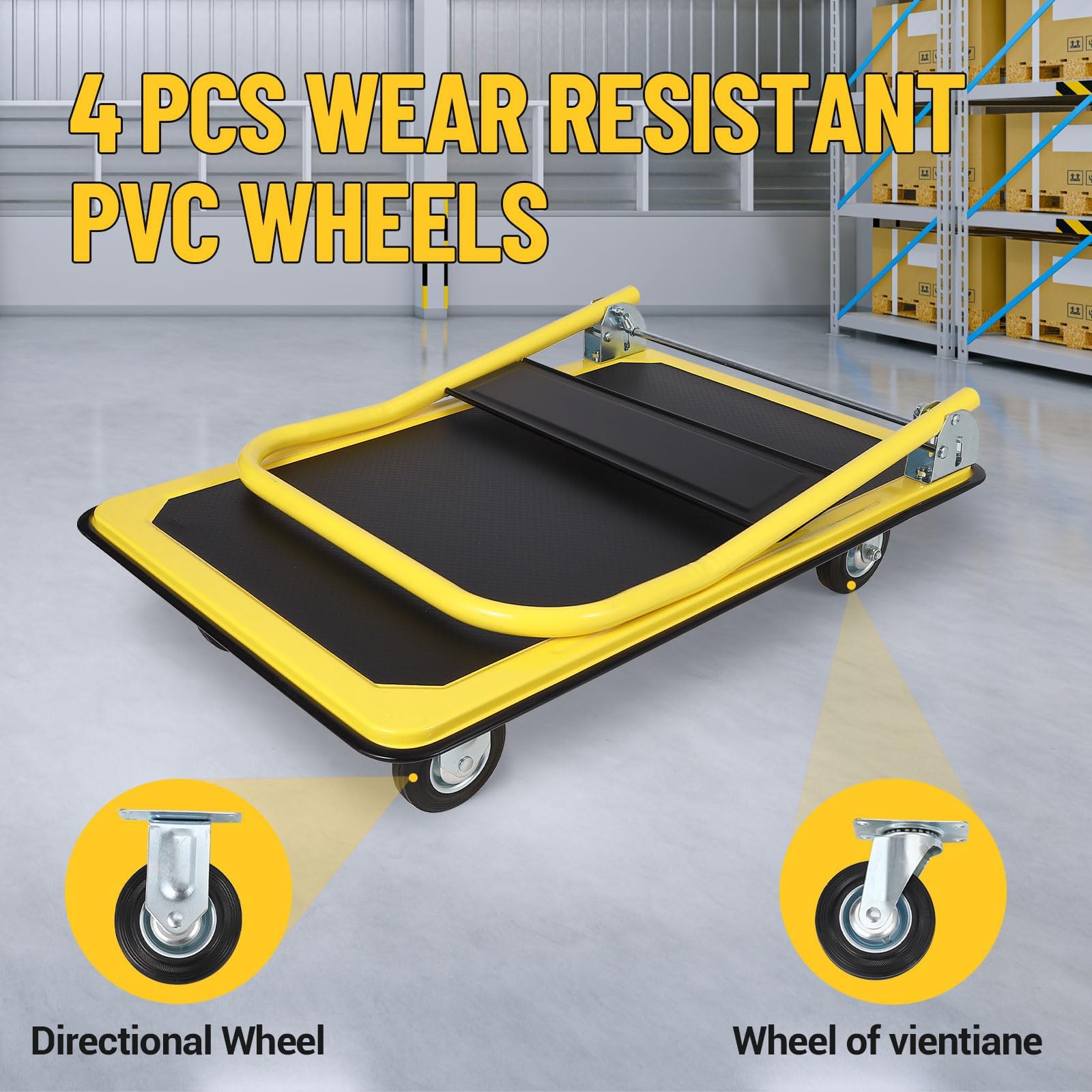 Garvee Camión de plataforma, capacidad de 270 kg, carro de mano de plataforma resistente con ruedas de freno TPR de 15 cm, carrito plegable multiusos para carga y almacenamiento, garaje, almacén