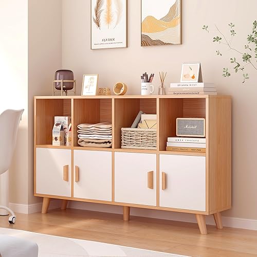 OSCHF Cubby Shelf Bookcase with Doors - Wooden 8 Cube Floor Standing Open Bookshelf with Solid Wood Legs, 2-Tier Low Storage Cabinet, Oak and Warm White - Oak