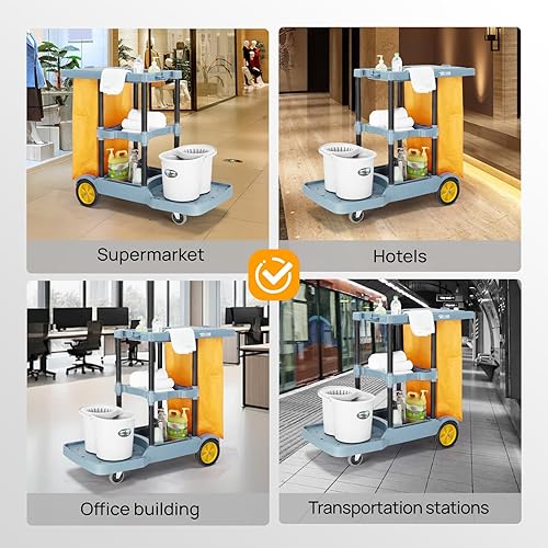 Miniatura 8 de TUFFIOM Carrito de limpieza tradicional comercial de 3 estantes, capacidad de 500 libras, 42.5 pulgadas de largo x 18.7 pulgadas de ancho x 37.6