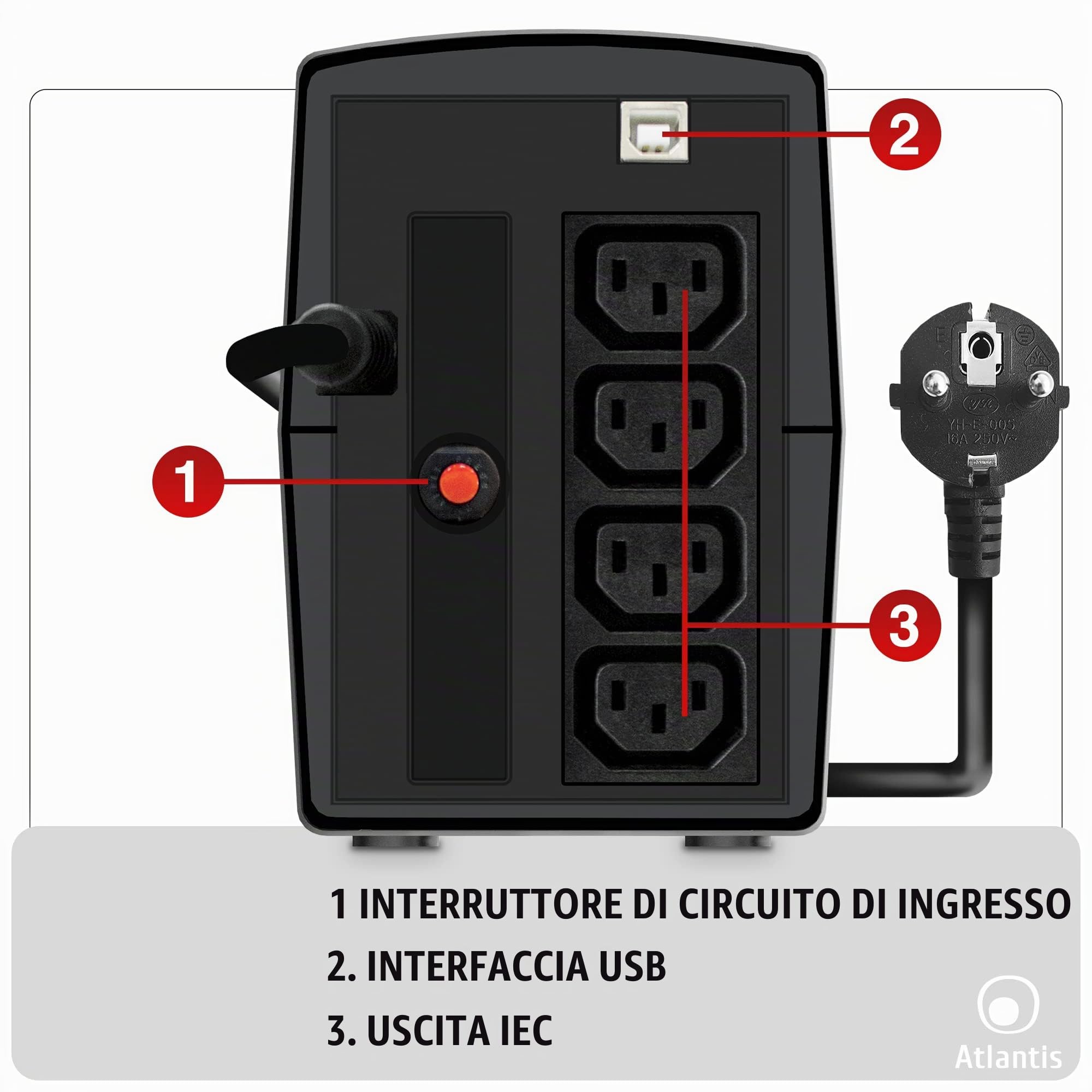 Atlantis Gruppo di Continuità UPS Line Interactive 1000VA/500W bat. 12V 9Ah | Onda pseudosinusoidale, Stabilizzatore AVR 3 stadi, 4 IEC, batteria 12V 9Ah, connessione USB, software gratuito, cod A03-S120