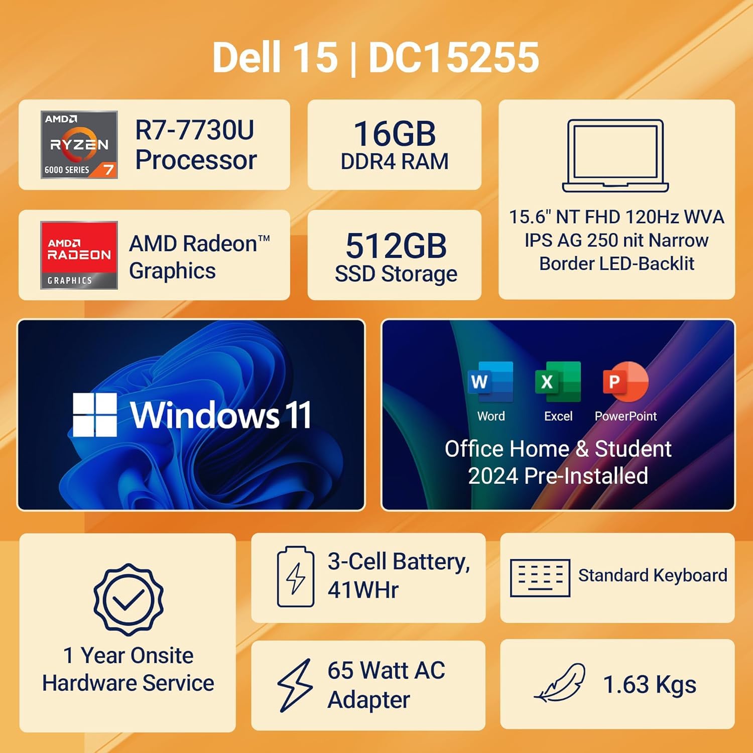 Dell 15, Smart Choice AMD Ryzen 7-7730U, 16GB DDR4, 512GB SSD, FHD