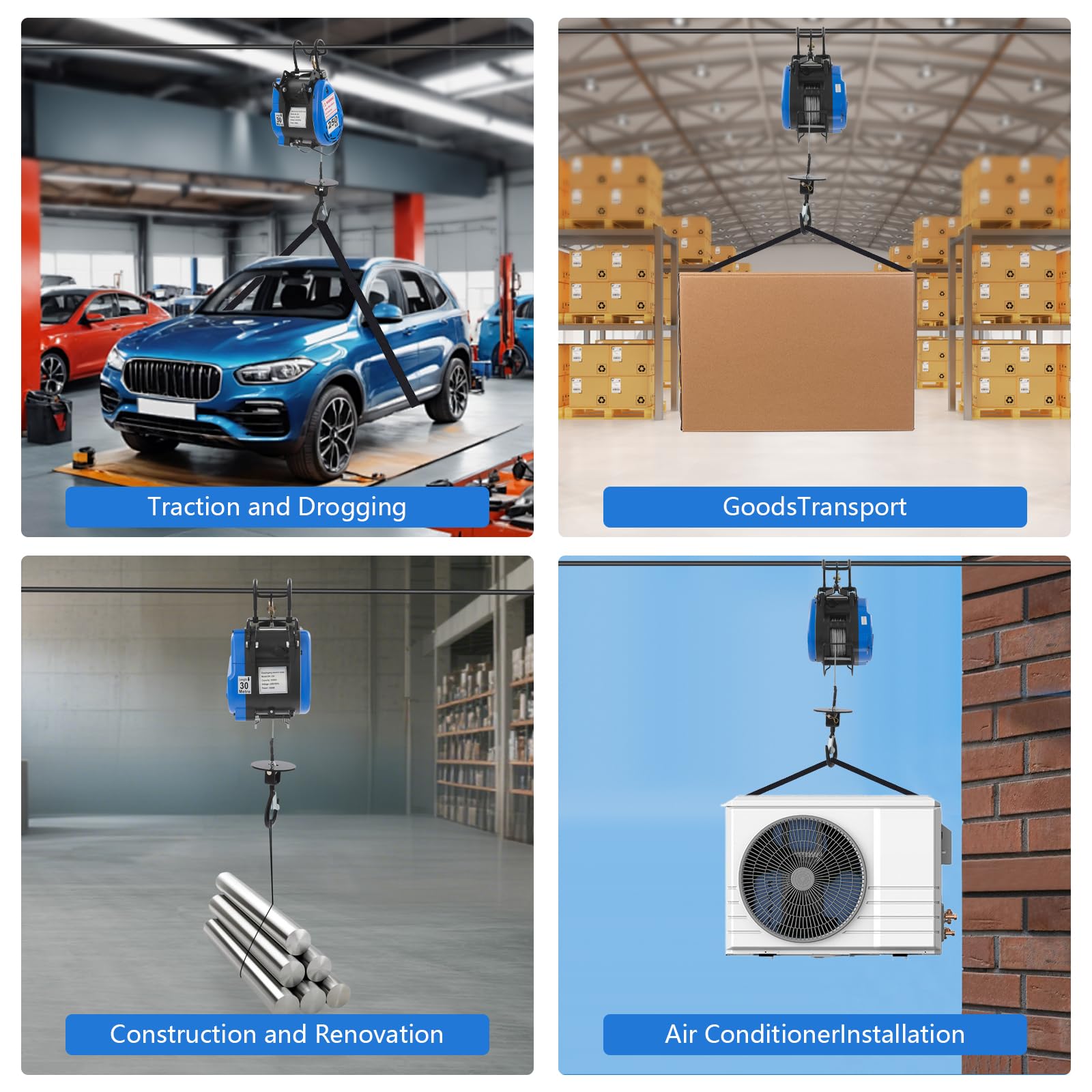 Seilwinde Elektrisch 250kg, 1500W 230V Seilzug Elektrisch | mit Kabellose Fernbedienung, Stahlseillänge 30m, IP40 Klein Tragbar Hebezeuge mit Kabelsteuerung für die Fabriken, Docks