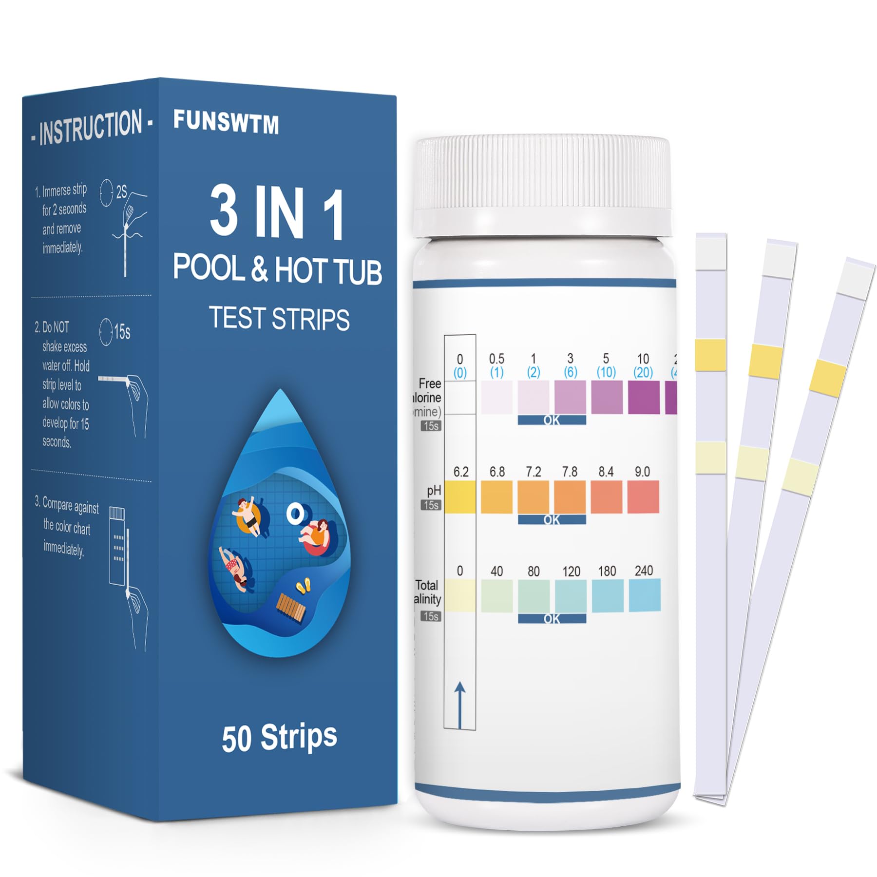 Pool Spa Test Strips for Hot-Tub: 3 in 1 Pool Water Testing Test Kit Easy to Testing Free Chlorine,pH and Total Alkalinity