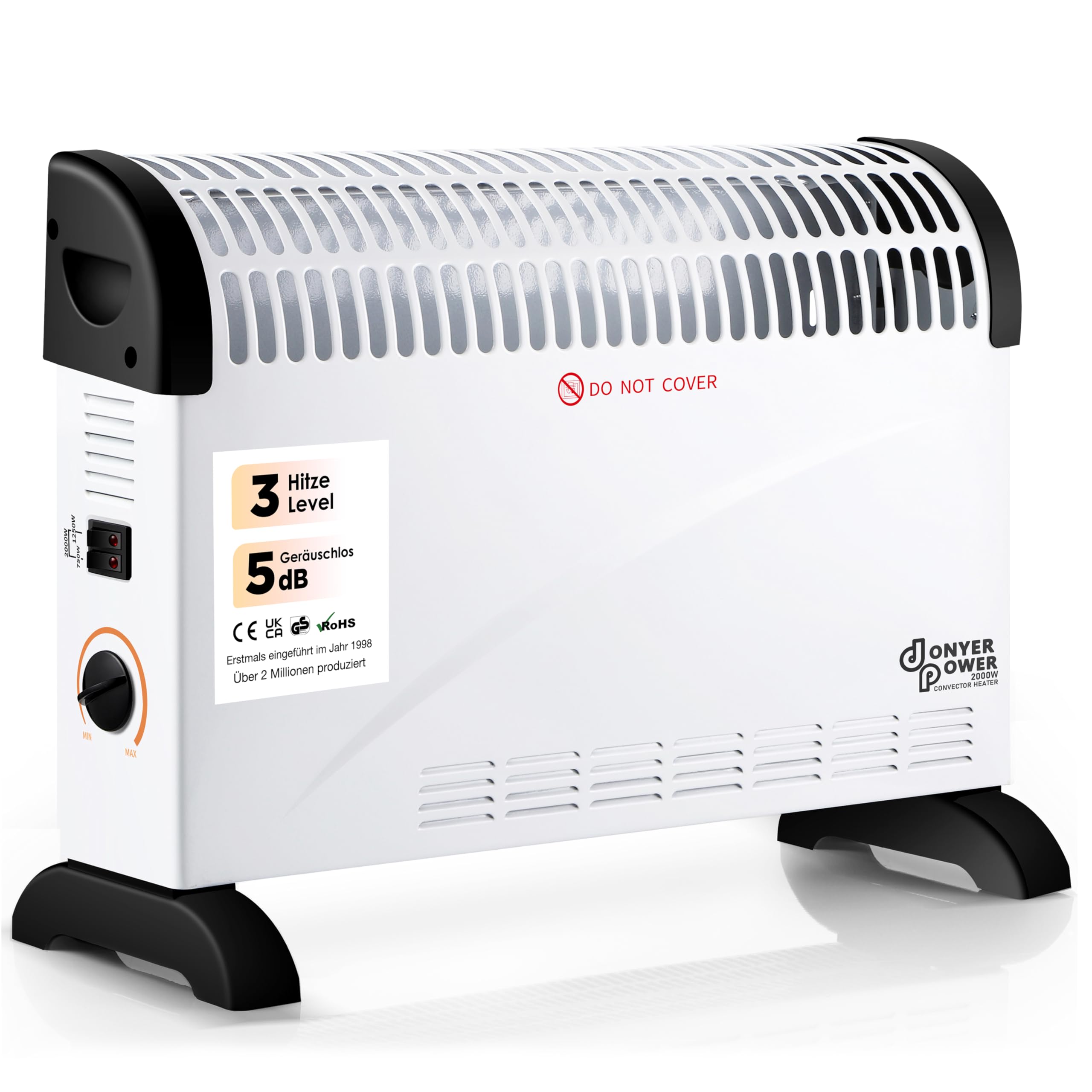 DONYER POWER 2KW Konvektor mit Thermostat – Leise – Wandmontage | 3 Heizstufen (750W/1250W/2000W) – Leiser Betrieb – Stand- & Wandmontage – Sofort einsatzbereit