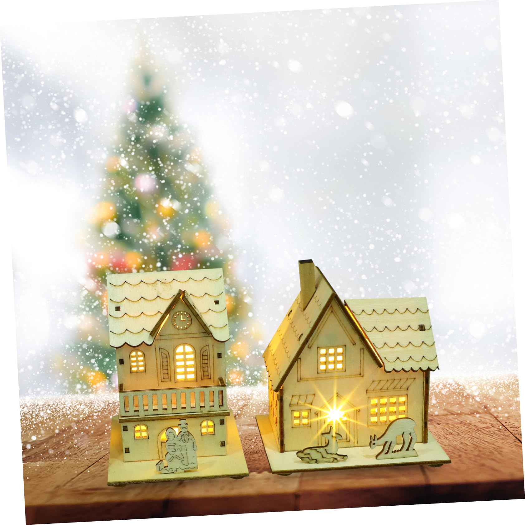 PartyKindom Ornamenti Natalizi in Legno Luminosi Per Decorazione Da Scrivania, Set 3 Pezzi Di Casette Natalizie in Legno Luce Led, Decorazioni Natalizie Per Casa, Bar e Feste