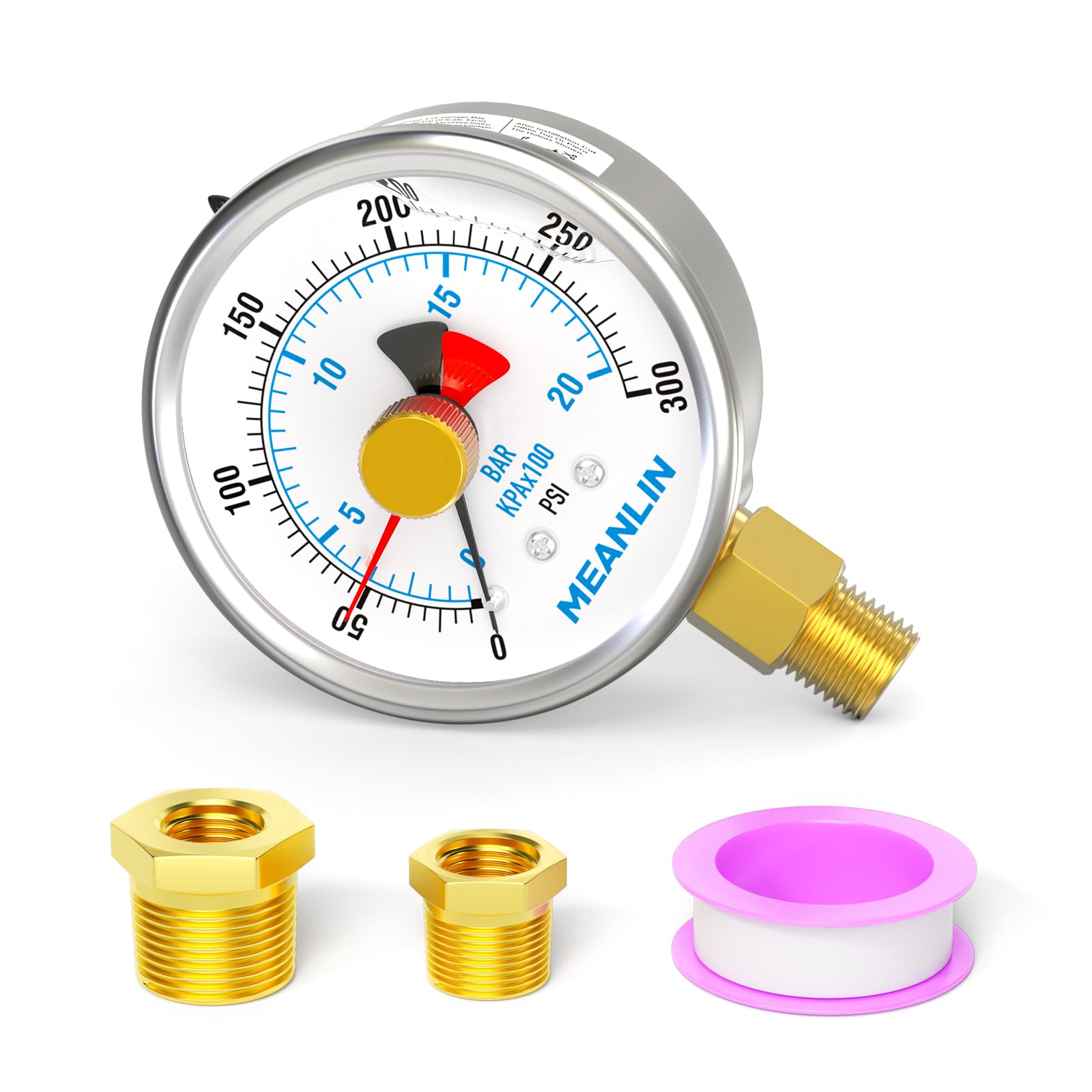 MEANLIN MEASURE 0~300Psi Stainless Steel 1/4" NPT 2.5" FACE DIAL with Reset Pointer Liquid Filled Pressure Gauge WOG Water Oil Air, Lower Mount, with 1/8" x 1/4" NPT and 1/8" x 3/8" NPT Hex Bushing