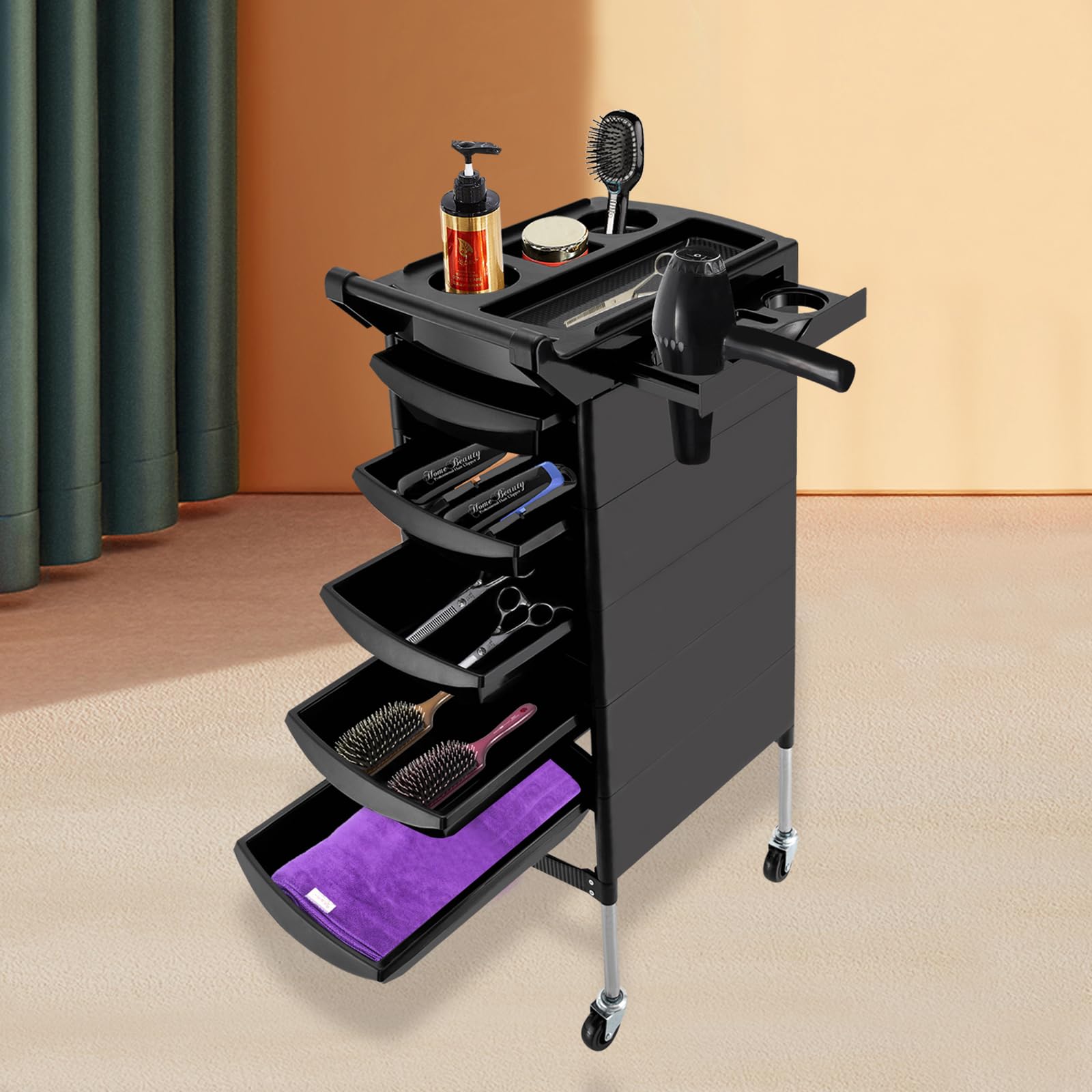 Chariot de coiffeur 6 étages 5 tiroirs 4 roues pour salon de beauté
