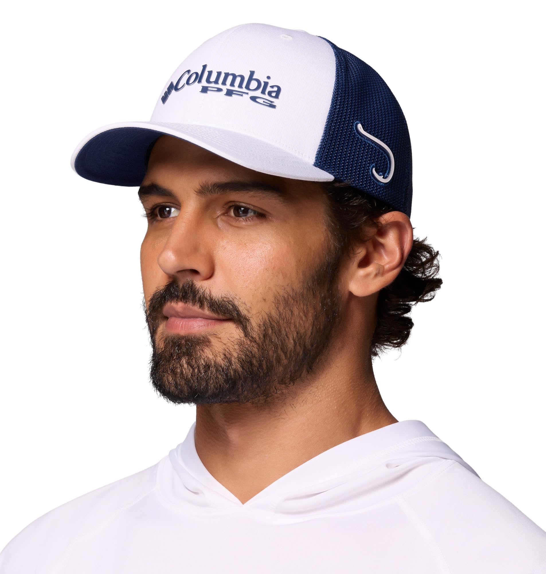 Columbia PFG - Berretto Unisex con Logo in Rete, Bianco/Carbonio/PFG Stacked Logo, L/XL