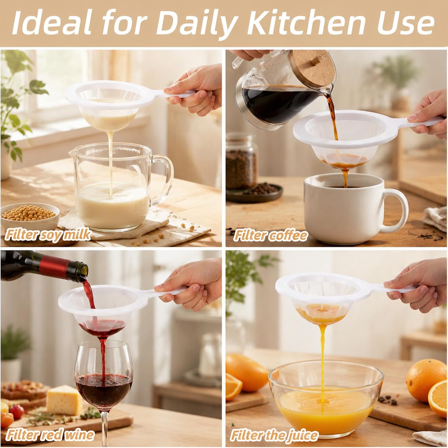 2Pcs Fine Nylon Mesh Strainer, Fine Mesh Strainers, Fines Strainer For Liquids Ultra Fines Meshs Strainered with Handle, Plastic Strainers for Filtering Juice Milk Coffee Wine Yogurt(Style A)