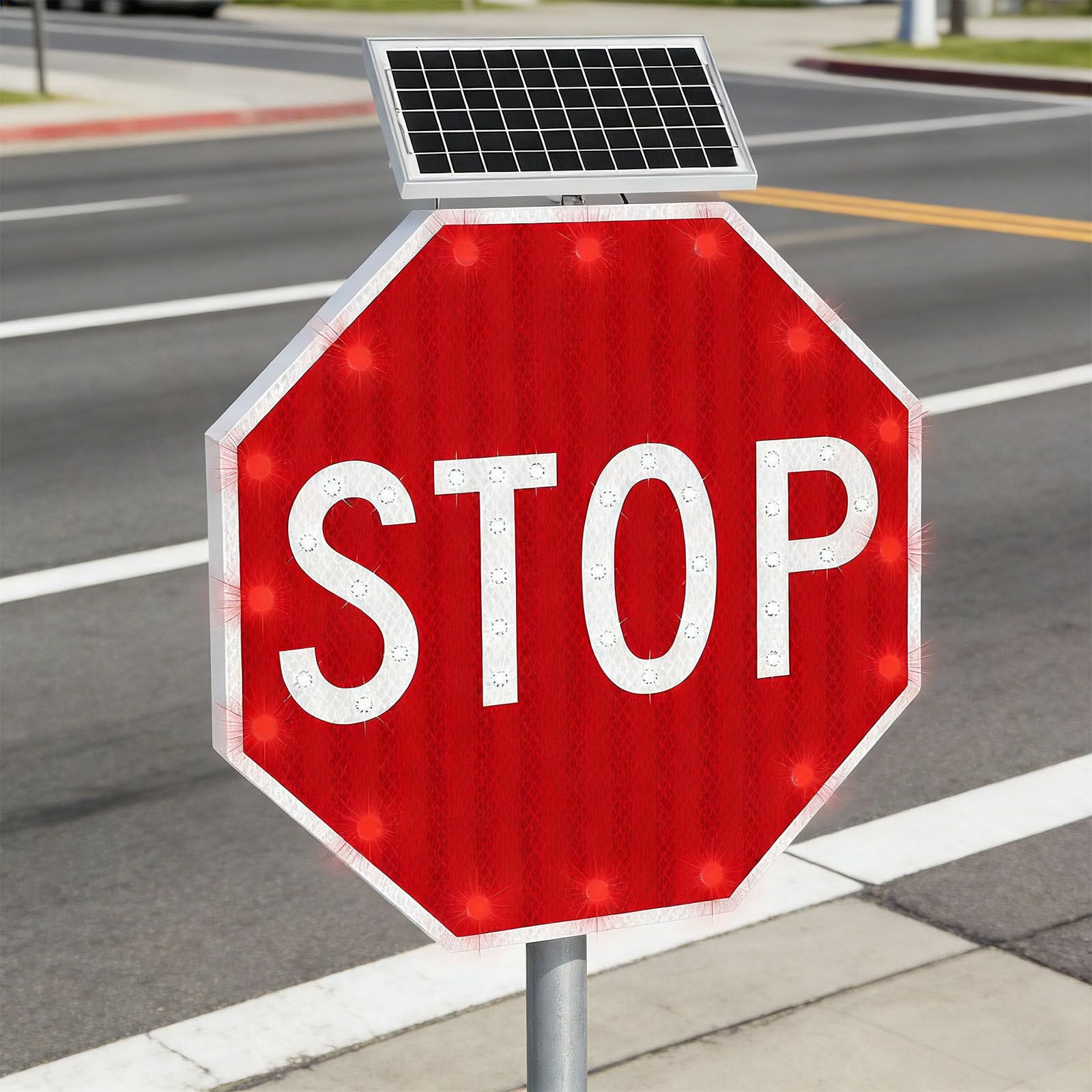 Señal de Stop Solar LED Intermitente 60x60cm, Señal Exterior Resistente a la Intemperie, Visibilidad de Largo Alcance, Reflectores Viales para Control de Tráfico y Seguridad de Estacionamientos